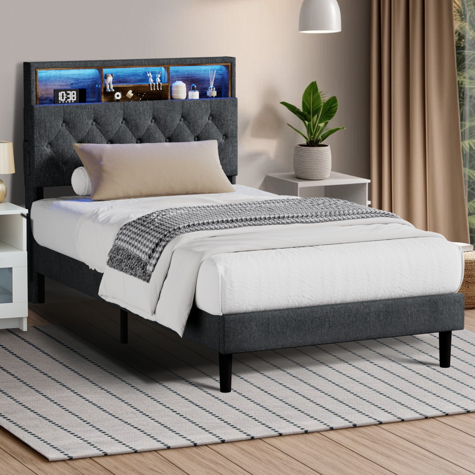 Oikiture Bed Frame King Single Beds Base with LED Storage Bedhead NOVI - Sunyee