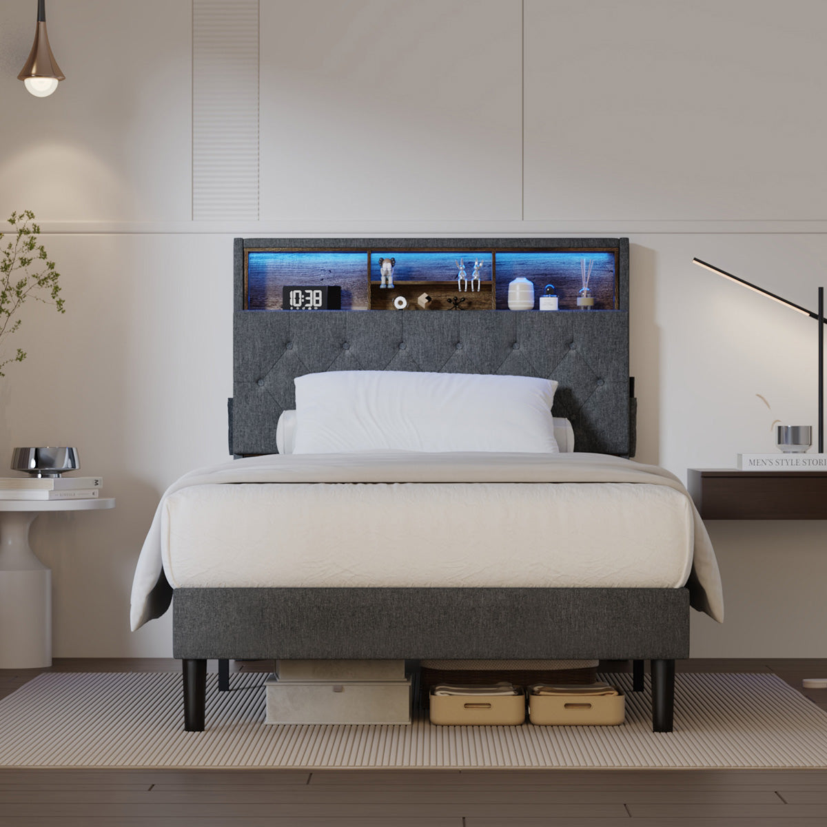 Oikiture Bed Frame King Single Beds Base with LED Storage Bedhead NOVI - Sunyee