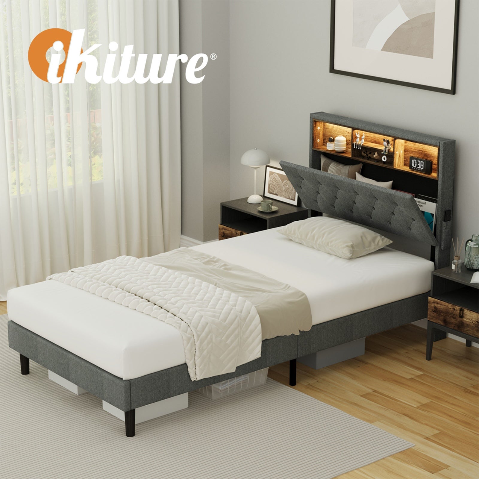 Oikiture Bed Frame King Single Beds Base with LED Storage Bedhead NOVI - Sunyee