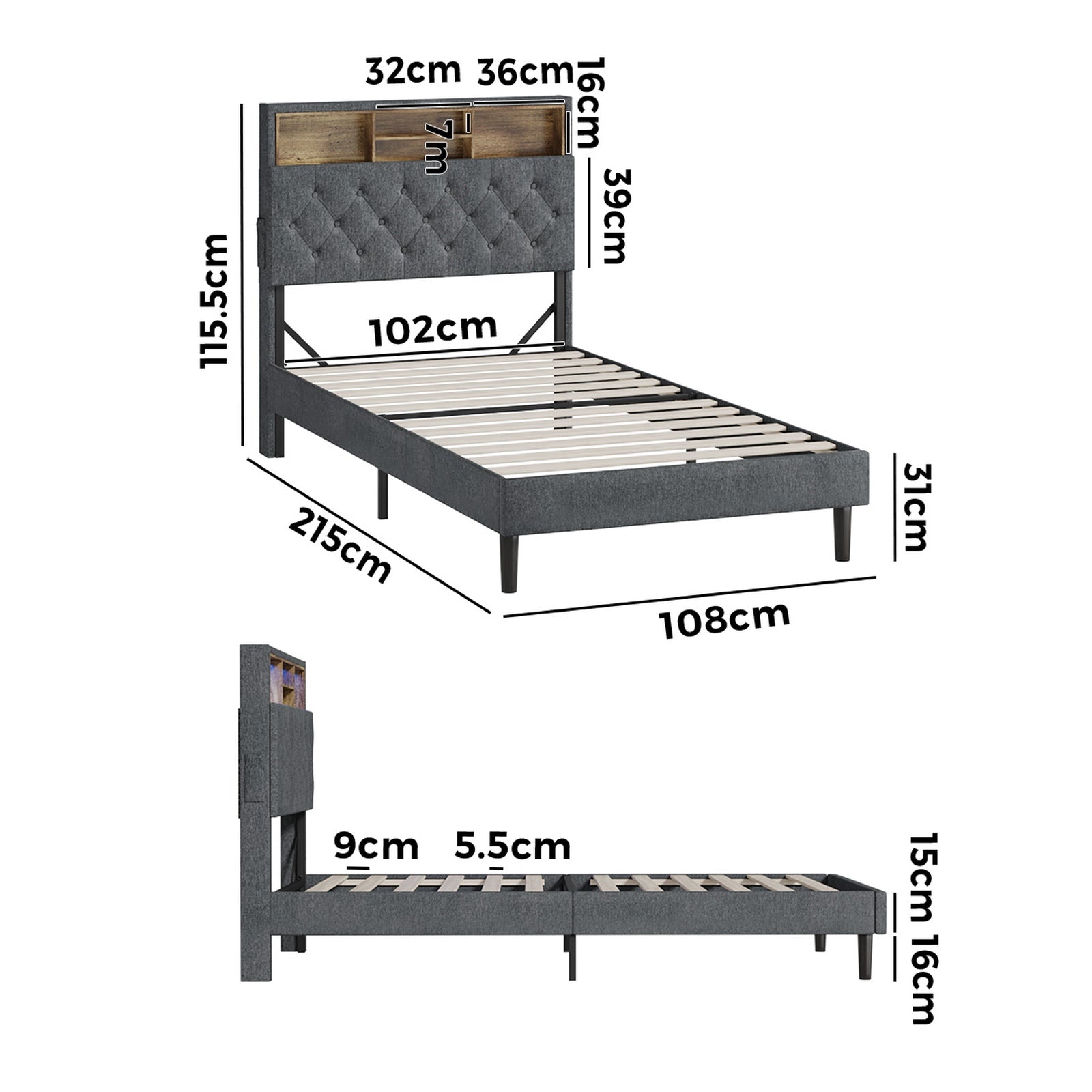 Oikiture Bed Frame King Single Beds Base with LED Storage Bedhead NOVI - Sunyee