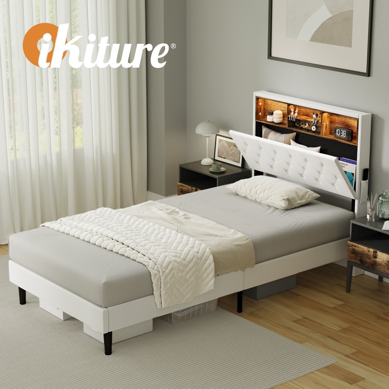 Oikiture Bed Frame King Single Size Platform Beds with LED Storage Bedhead NOVI