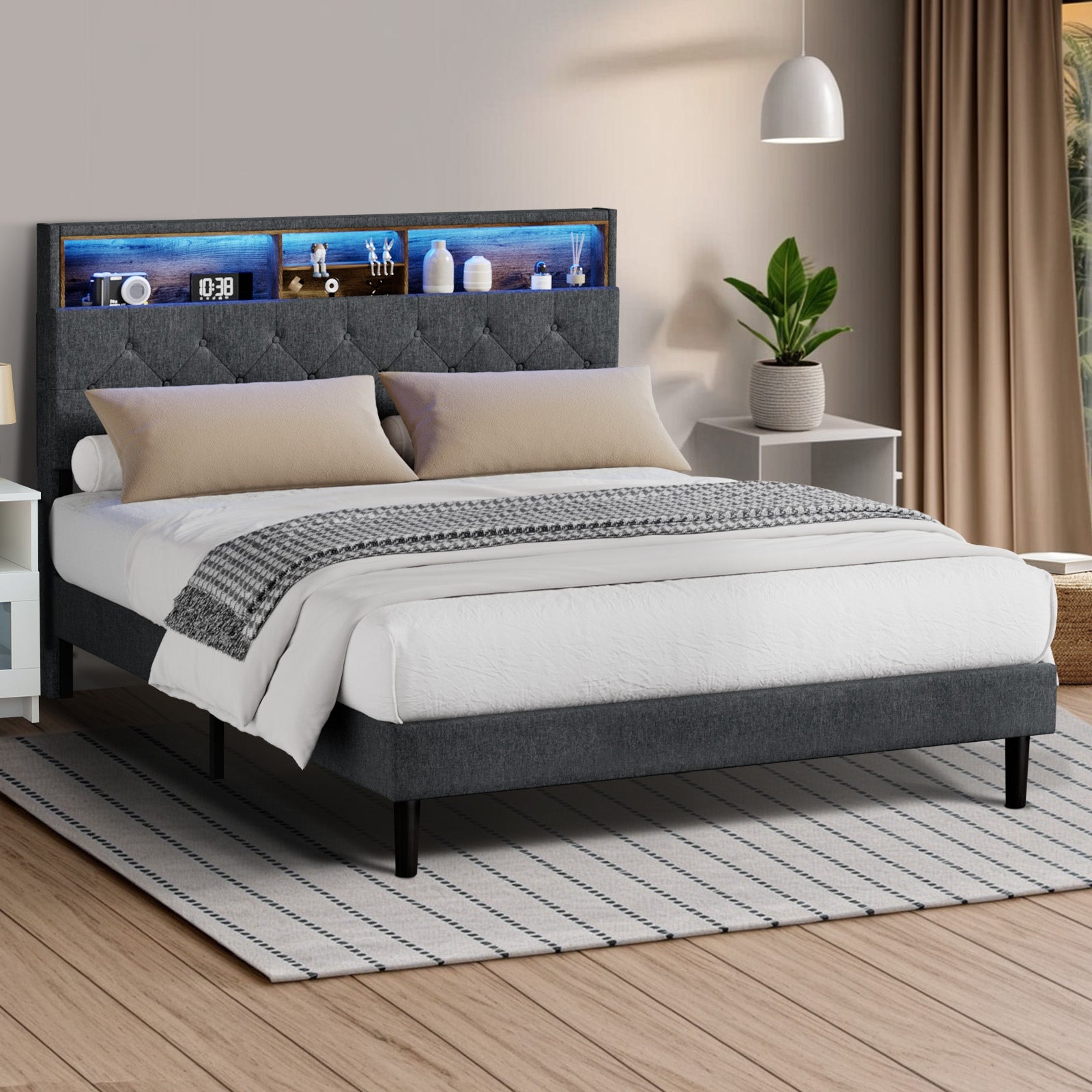 Oikiture Bed Frame Queen Size Beds Base with LED Storage Bedhead NOVI - Sunyee