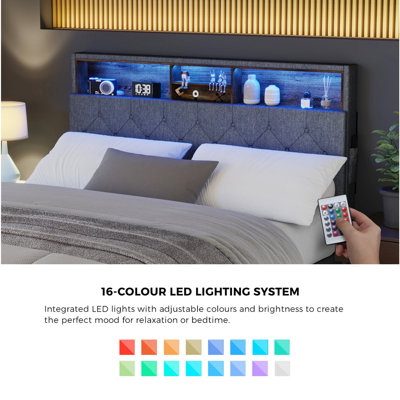 Oikiture Bed Frame Queen Size Beds Base with LED Storage Bedhead NOVI - Sunyee
