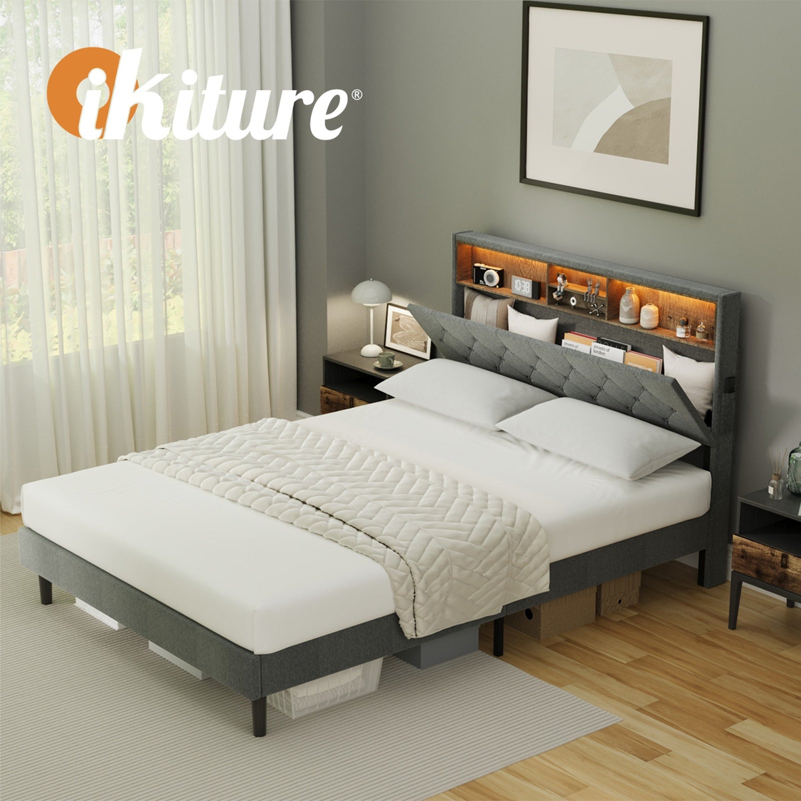 Oikiture Bed Frame Queen Size Beds Base with LED Storage Bedhead NOVI - Sunyee