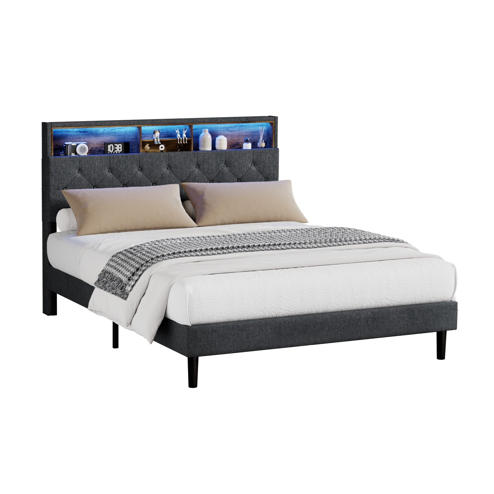 Oikiture Bed Frame Queen Size Beds Base with LED Storage Bedhead NOVI - Sunyee