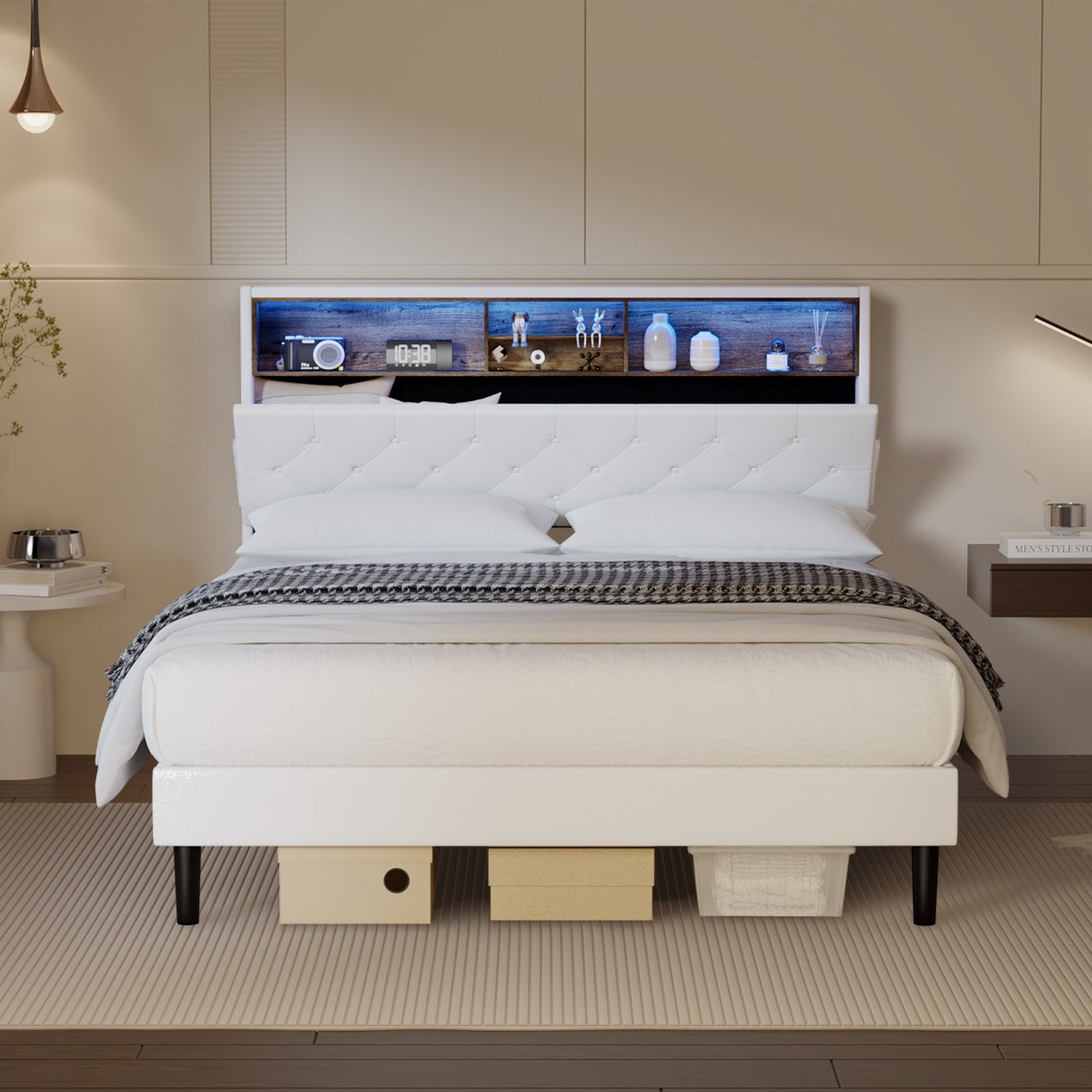 Oikiture Bed Frame Queen Size Platform Beds with LED Storage Bedhead NOVI