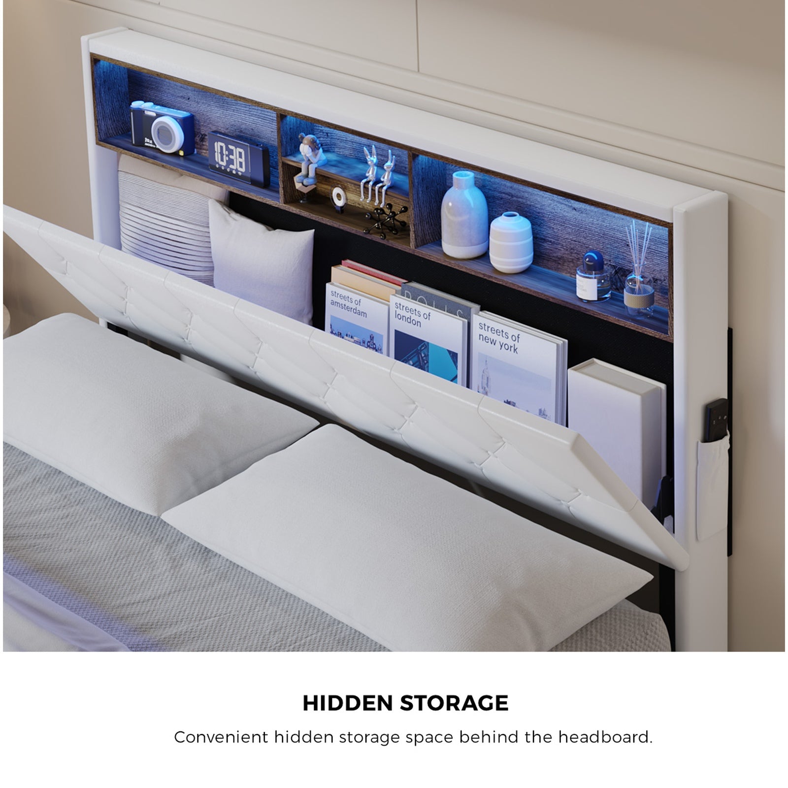 Oikiture Bed Frame Queen Size Platform Beds with LED Storage Bedhead NOVI