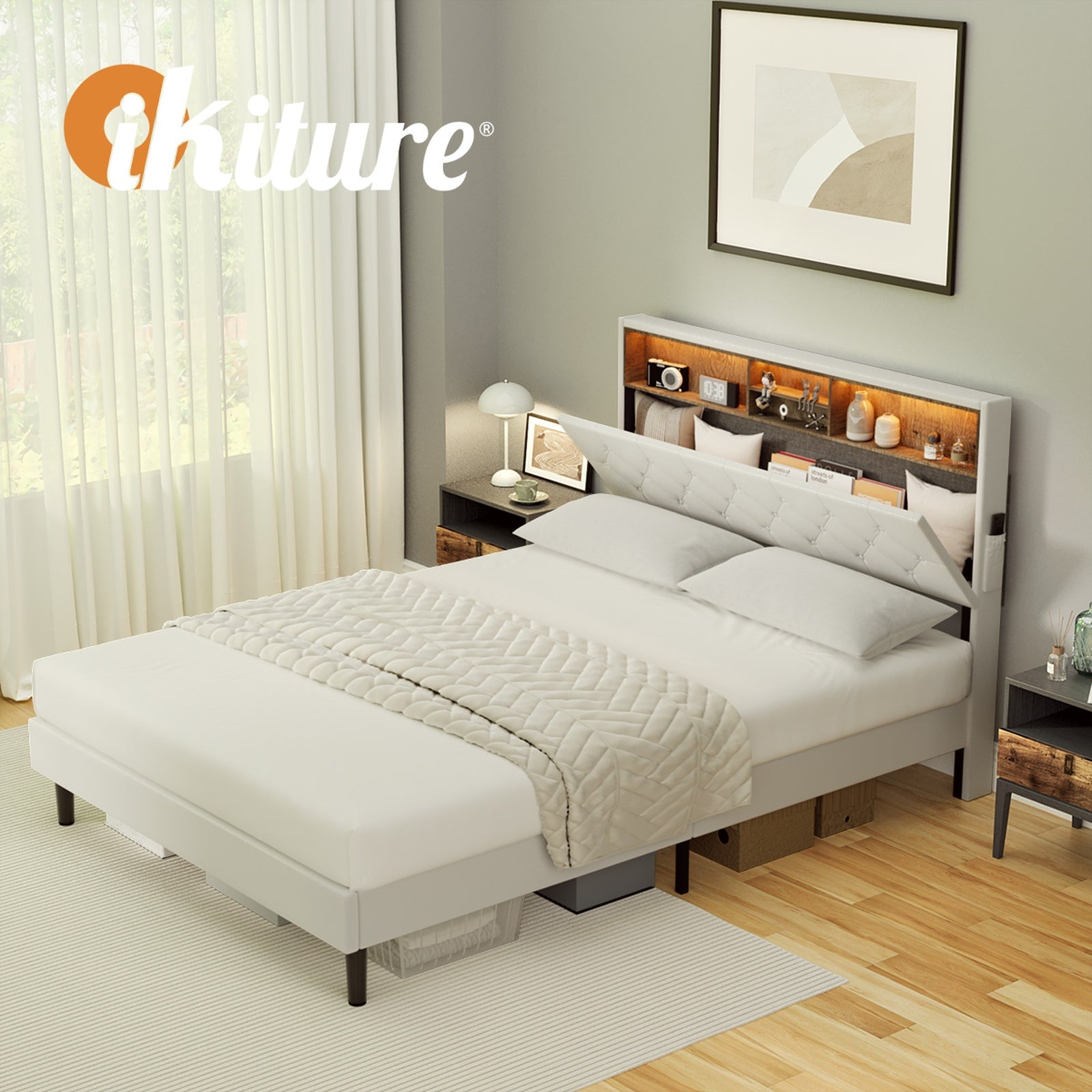 Oikiture Bed Frame Queen Size Platform Beds with LED Storage Bedhead NOVI