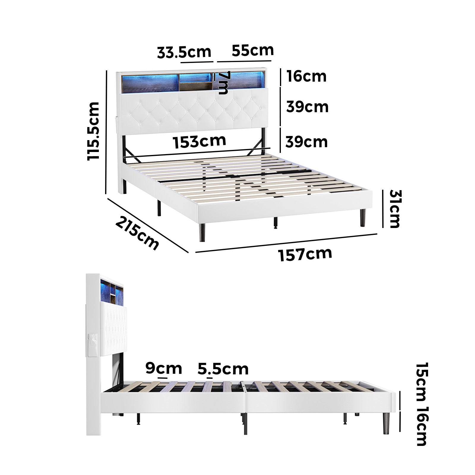 Oikiture Bed Frame Queen Size Platform Beds with LED Storage Bedhead NOVI