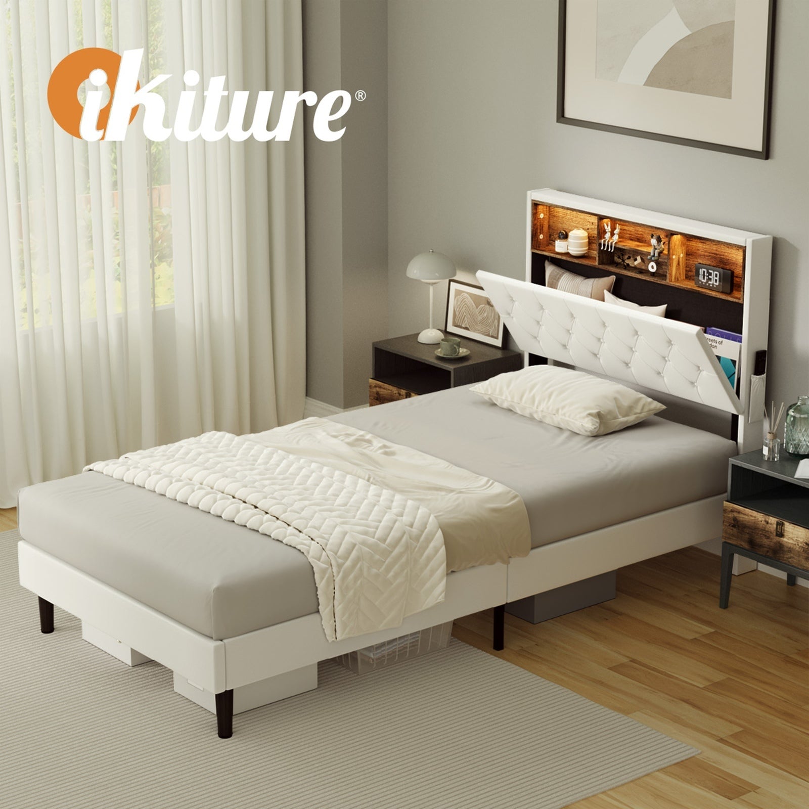 Oikiture Bed Frame Queen Double King Single Beds LED Storage Bedhead NOVI