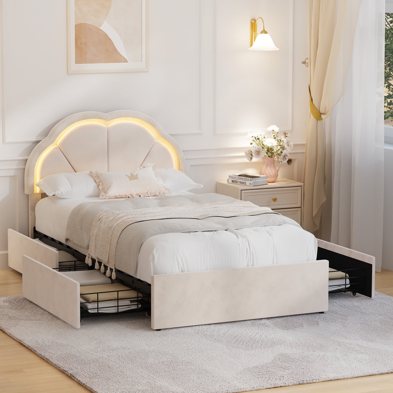 Oikiture King Single Size Bed Frame LED Shell Headboard with Drawers Beige