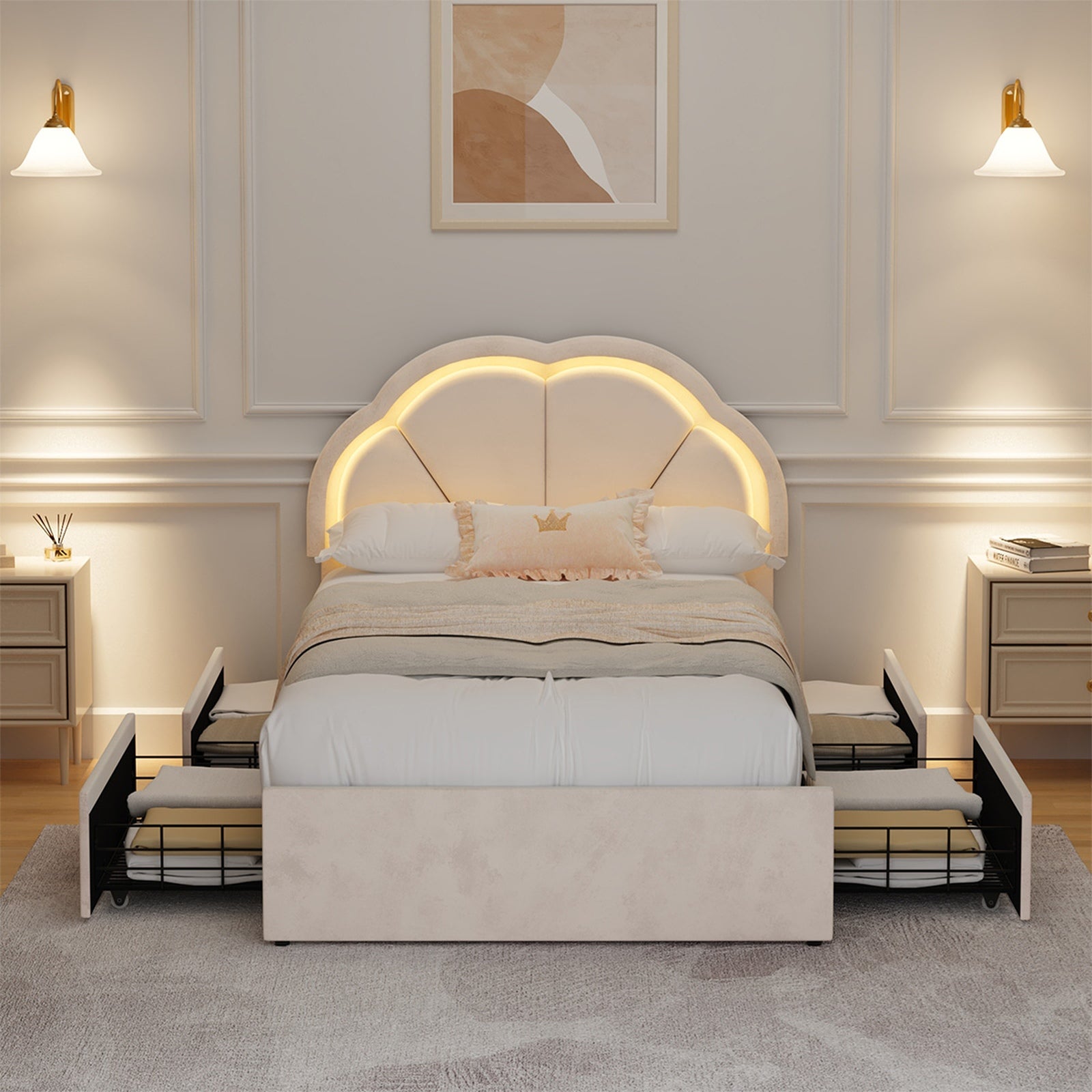 Oikiture King Single Size Bed Frame LED Shell Headboard with Drawers Beige