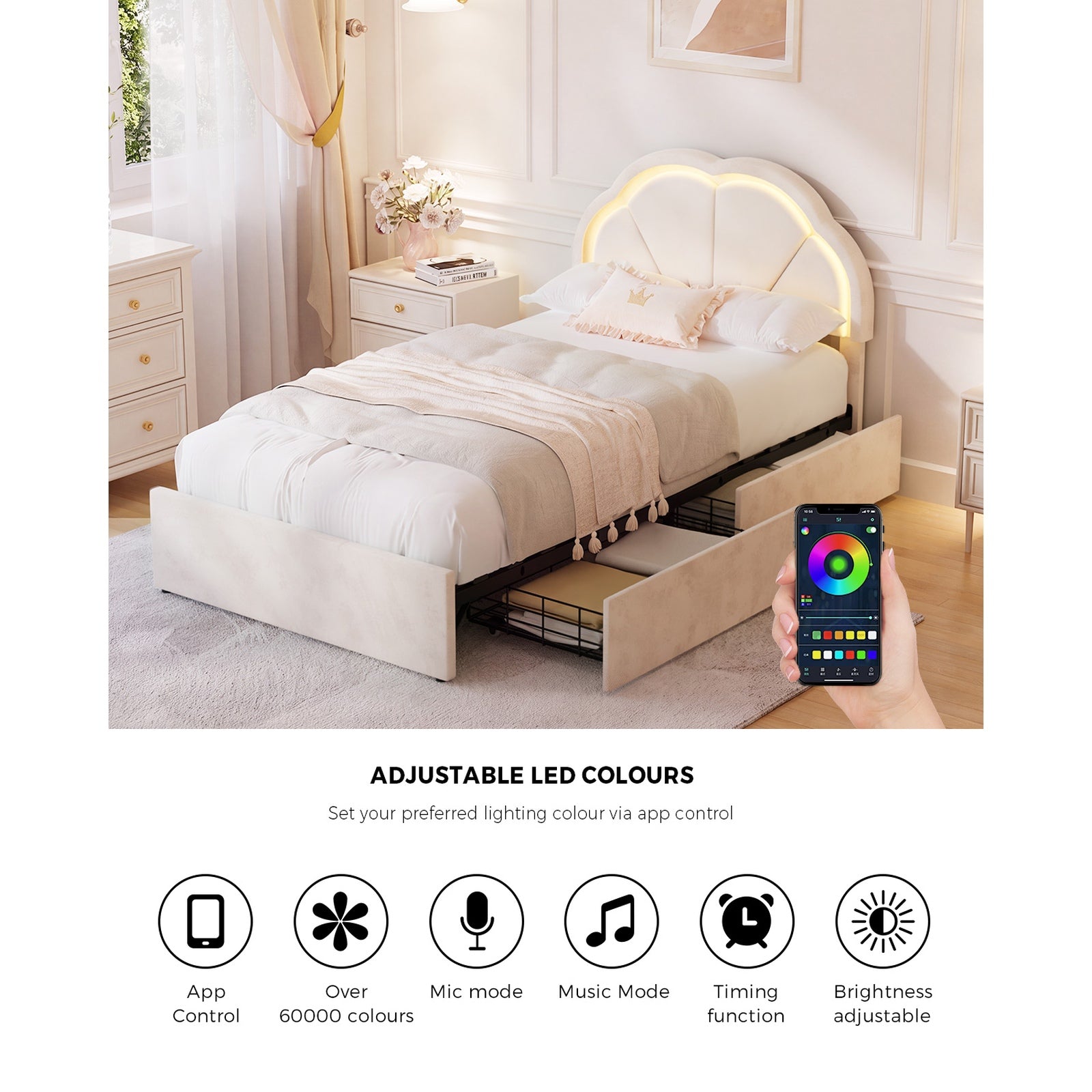 Oikiture King Single Size Bed Frame LED Shell Headboard with Drawers Beige