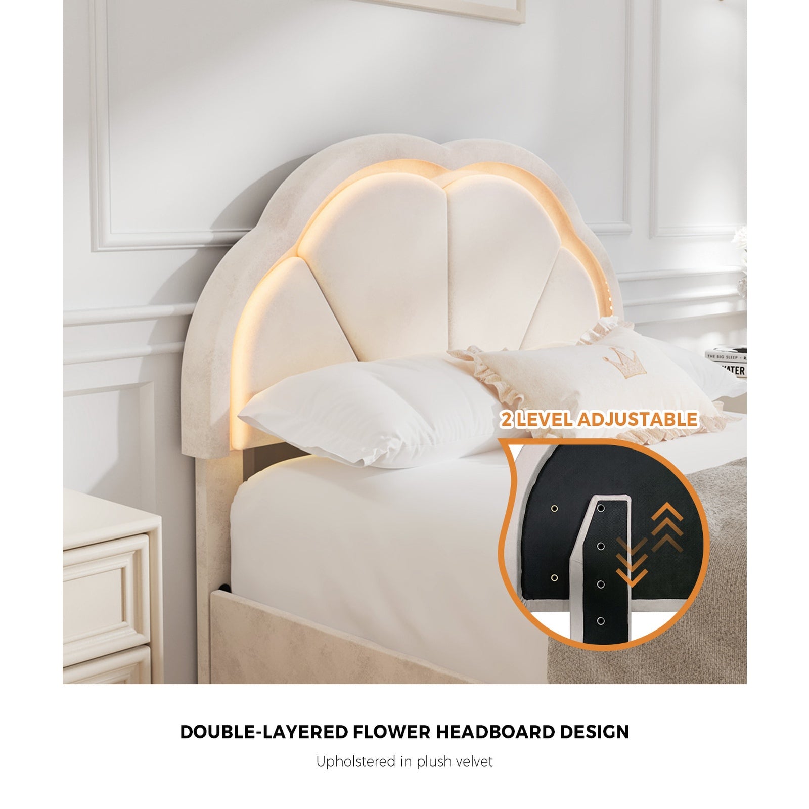 Oikiture King Single Size Bed Frame LED Shell Headboard with Drawers Beige