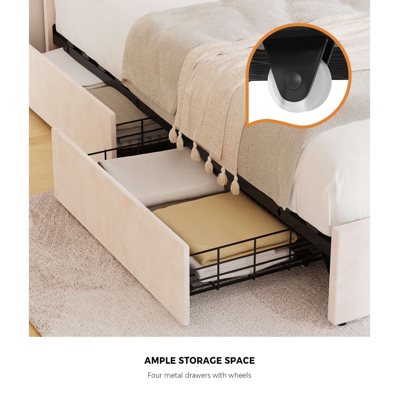 Oikiture King Single Size Bed Frame LED Shell Headboard with Drawers Beige