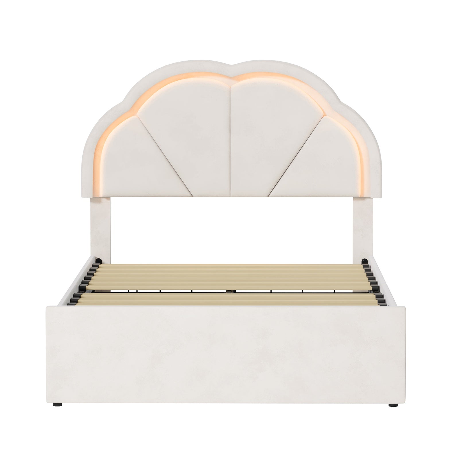 Oikiture King Single Size Bed Frame LED Shell Headboard with Drawers Beige