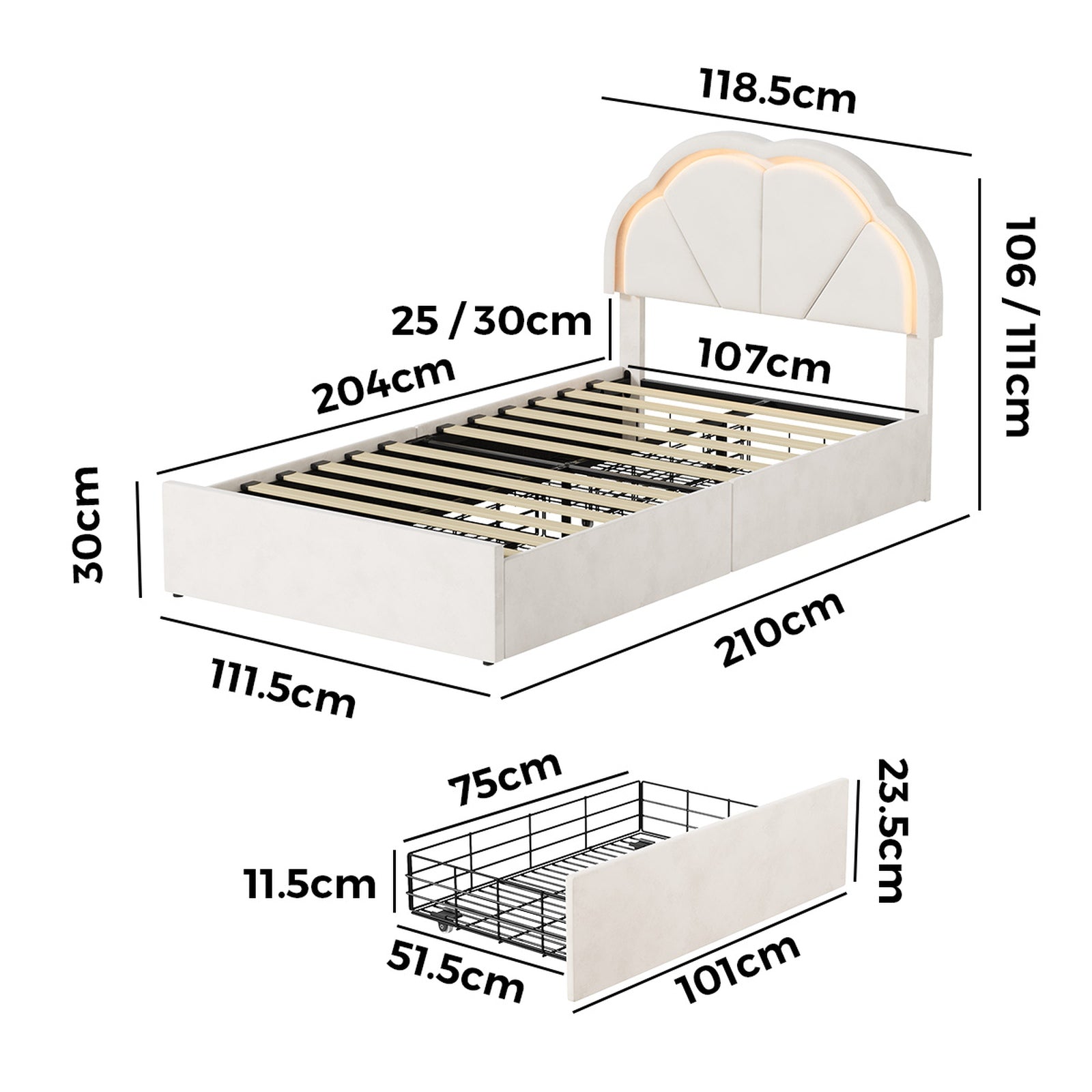 Oikiture King Single Size Bed Frame LED Shell Headboard with Drawers Beige