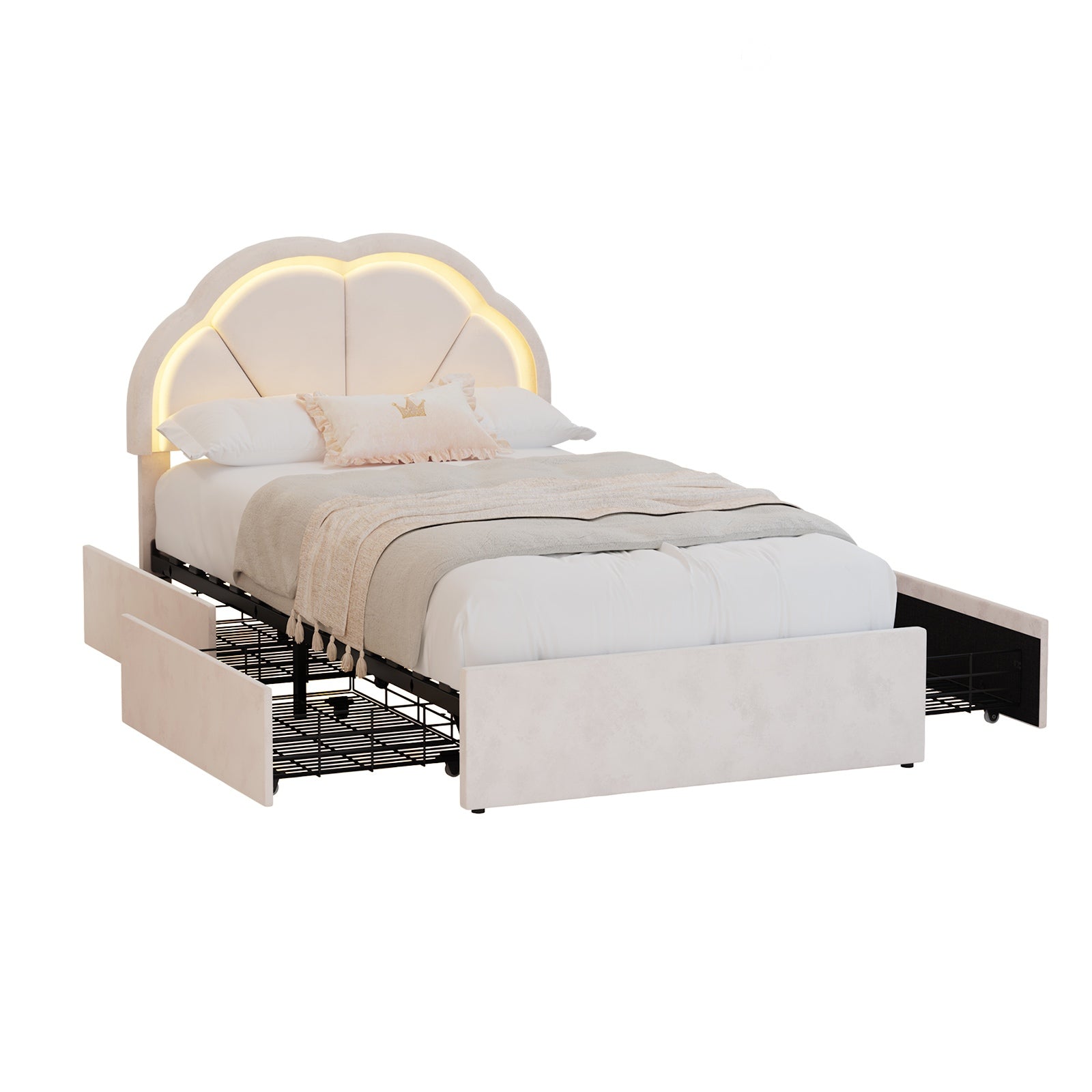 Oikiture King Single Size Bed Frame LED Shell Headboard with Drawers Beige