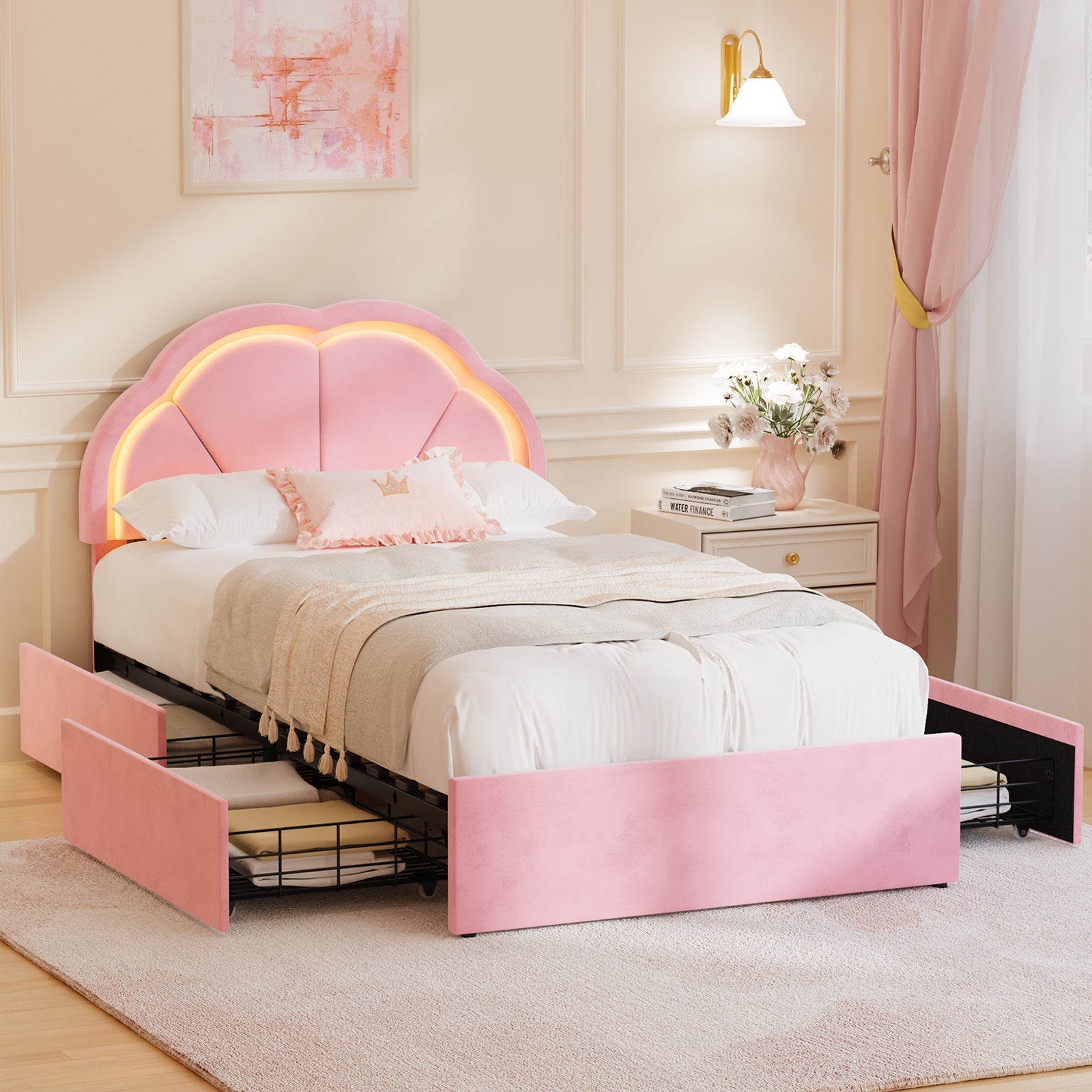 Oikiture King Single Size Bed Frame LED Shell Headboard with Drawers Velvet Pink