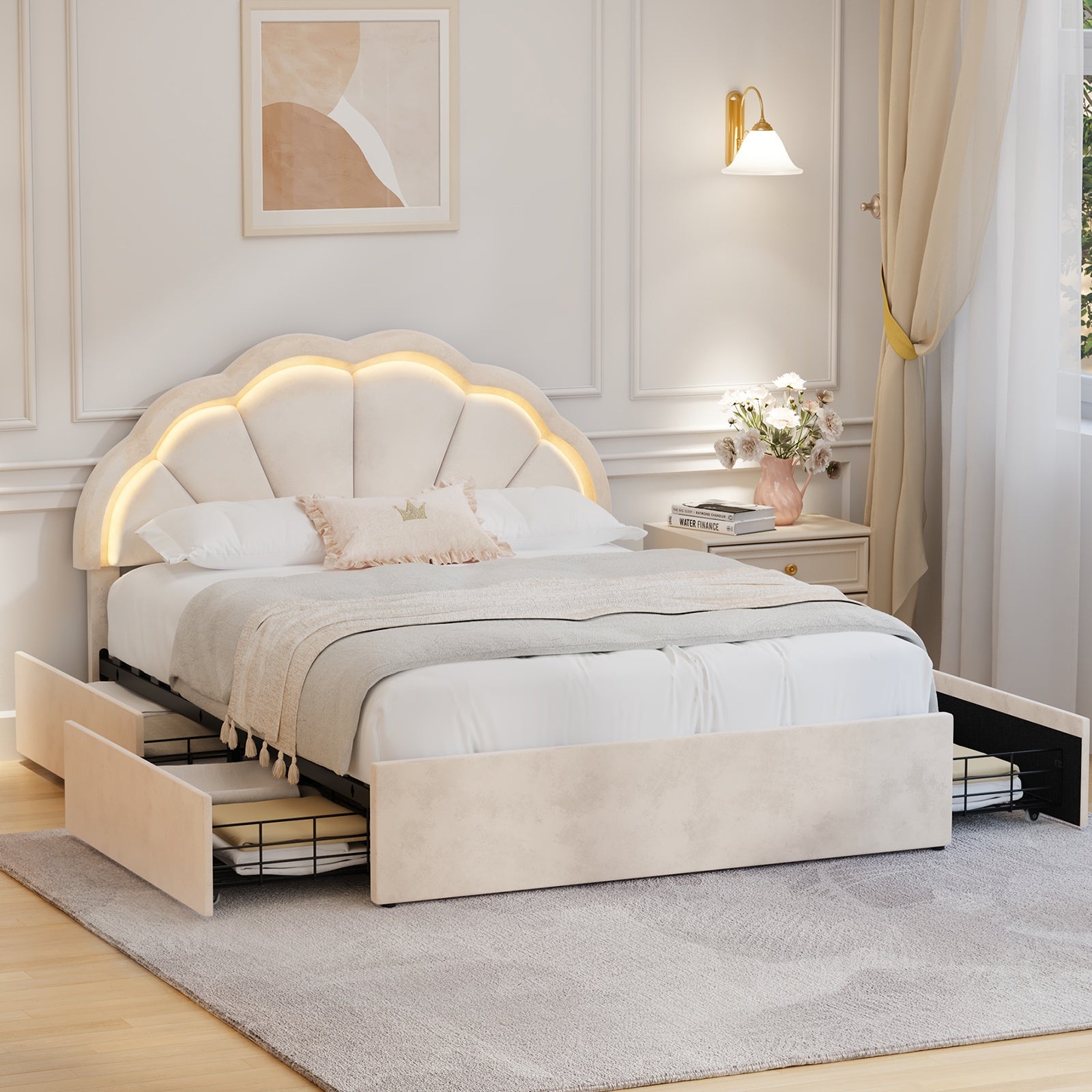 Oikiture Queen Size Bed Frame LED Shell Headboard with Drawers Beige