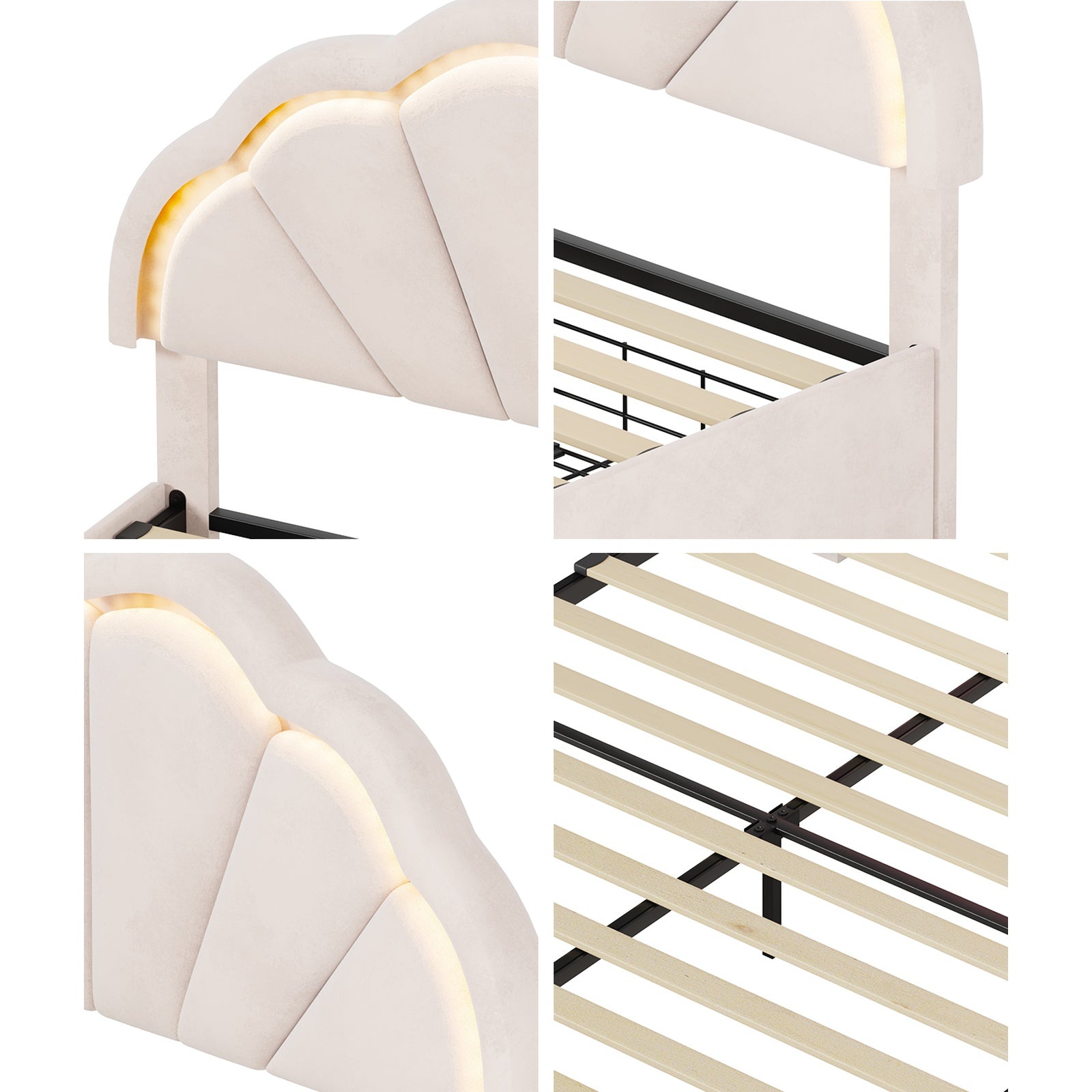 Oikiture Queen Size Bed Frame LED Shell Headboard with Drawers Beige