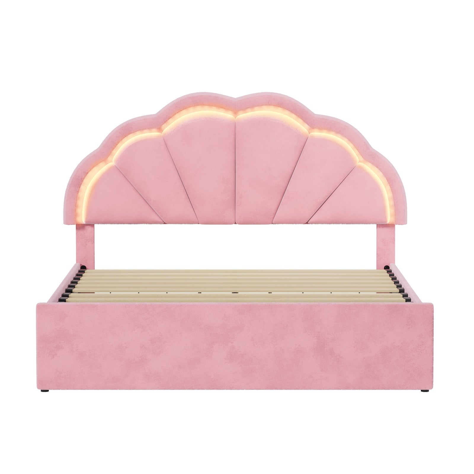 Oikiture Queen Size Bed Frame LED Shell Headboard with Drawers Velvet Pink