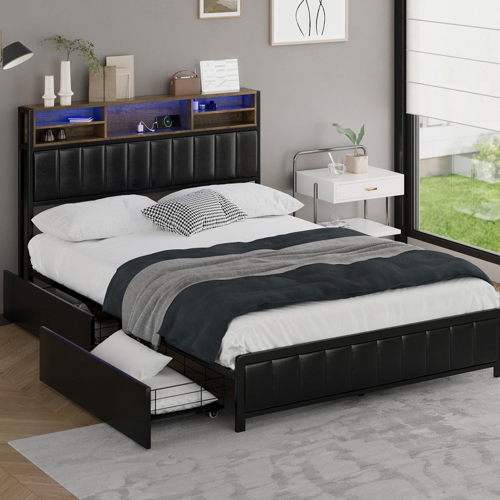 Oikiture Queen Double King Single Bed Frame with LED Headboard 2 Drawers USB - Sunyee
