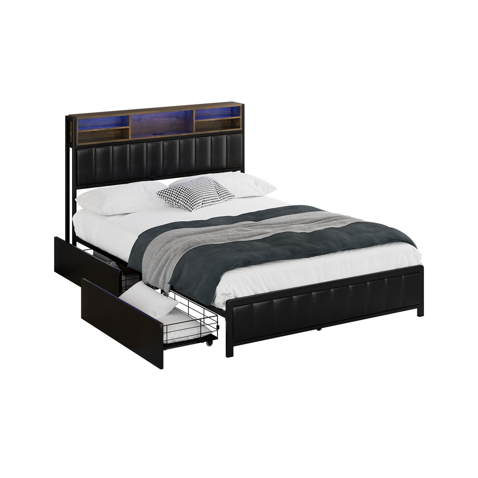 Oikiture Queen Double King Single Bed Frame with LED Headboard 2 Drawers USB - Sunyee