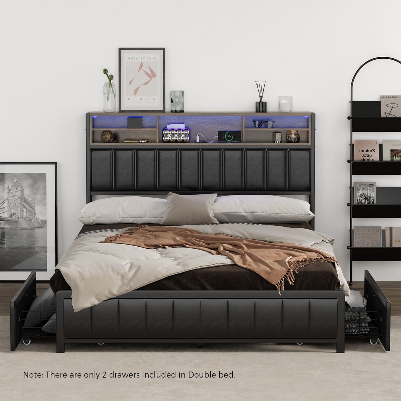 Oikiture Bed Frame Double Size LED Storage Bedhead 2 Drawers USB Charge - Sunyee