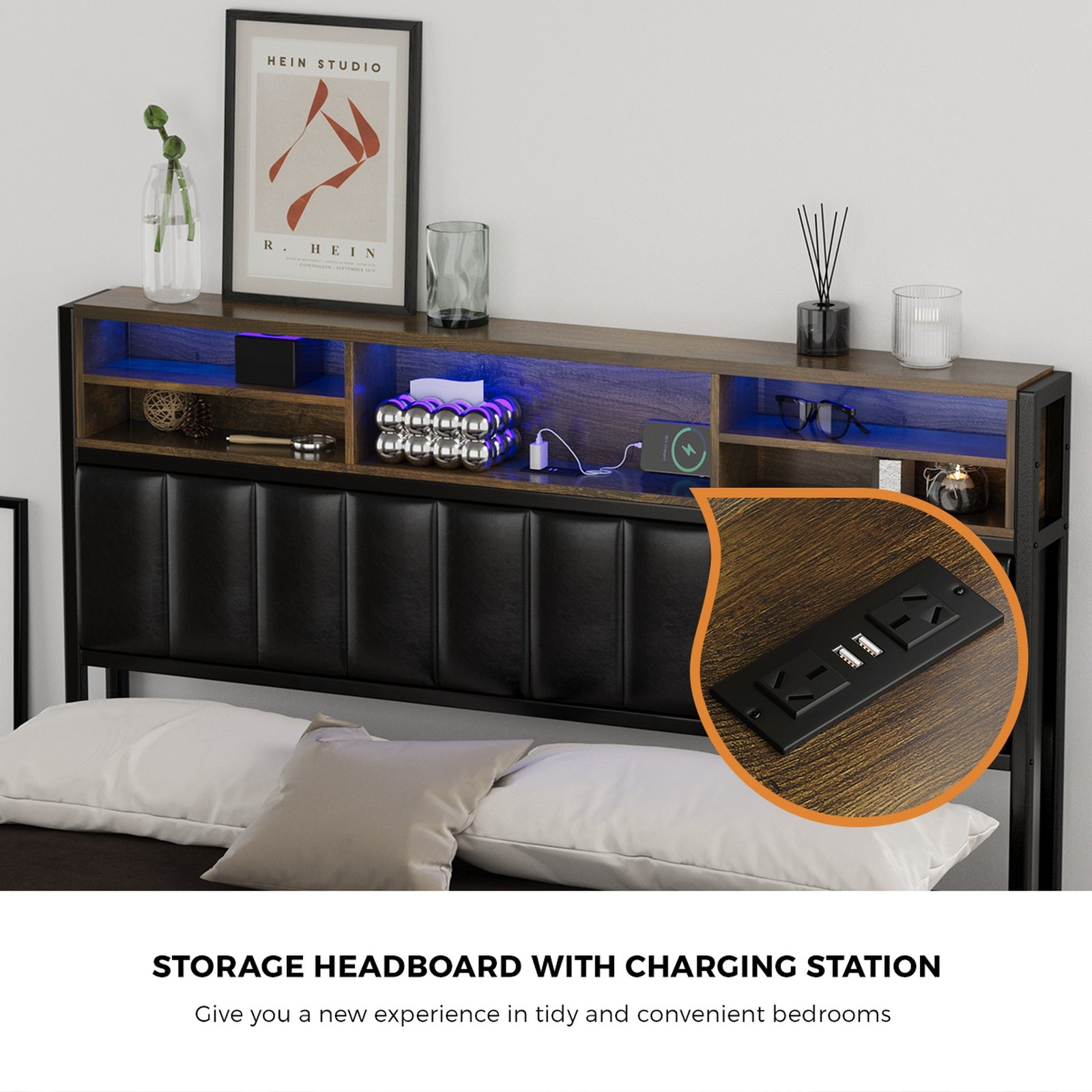 Oikiture Bed Frame Double Single Size LED Storage Bedhead 2 Drawers USB Charge