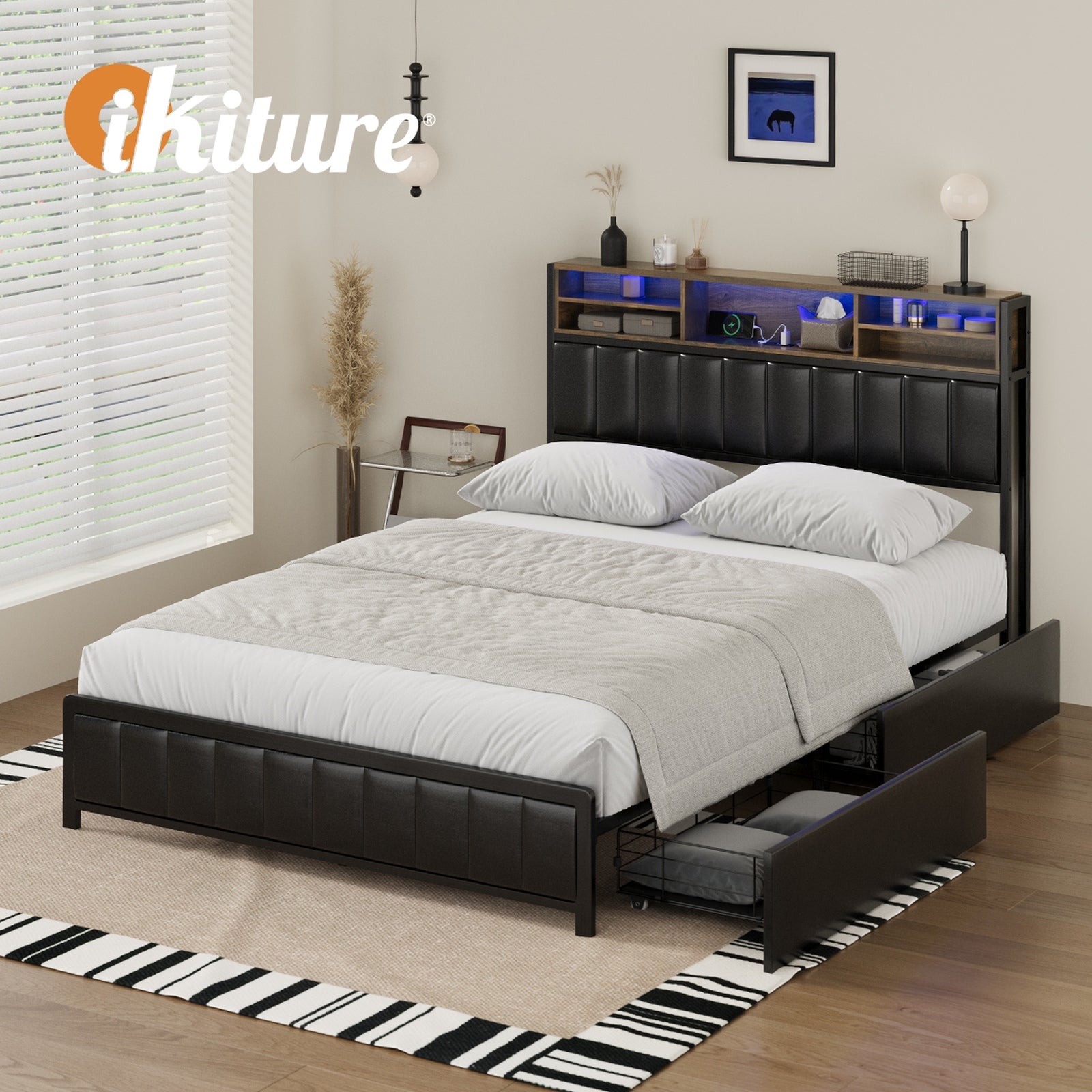 Oikiture Bed Frame Double Size LED Storage Bedhead 2 Drawers USB Charge - Sunyee