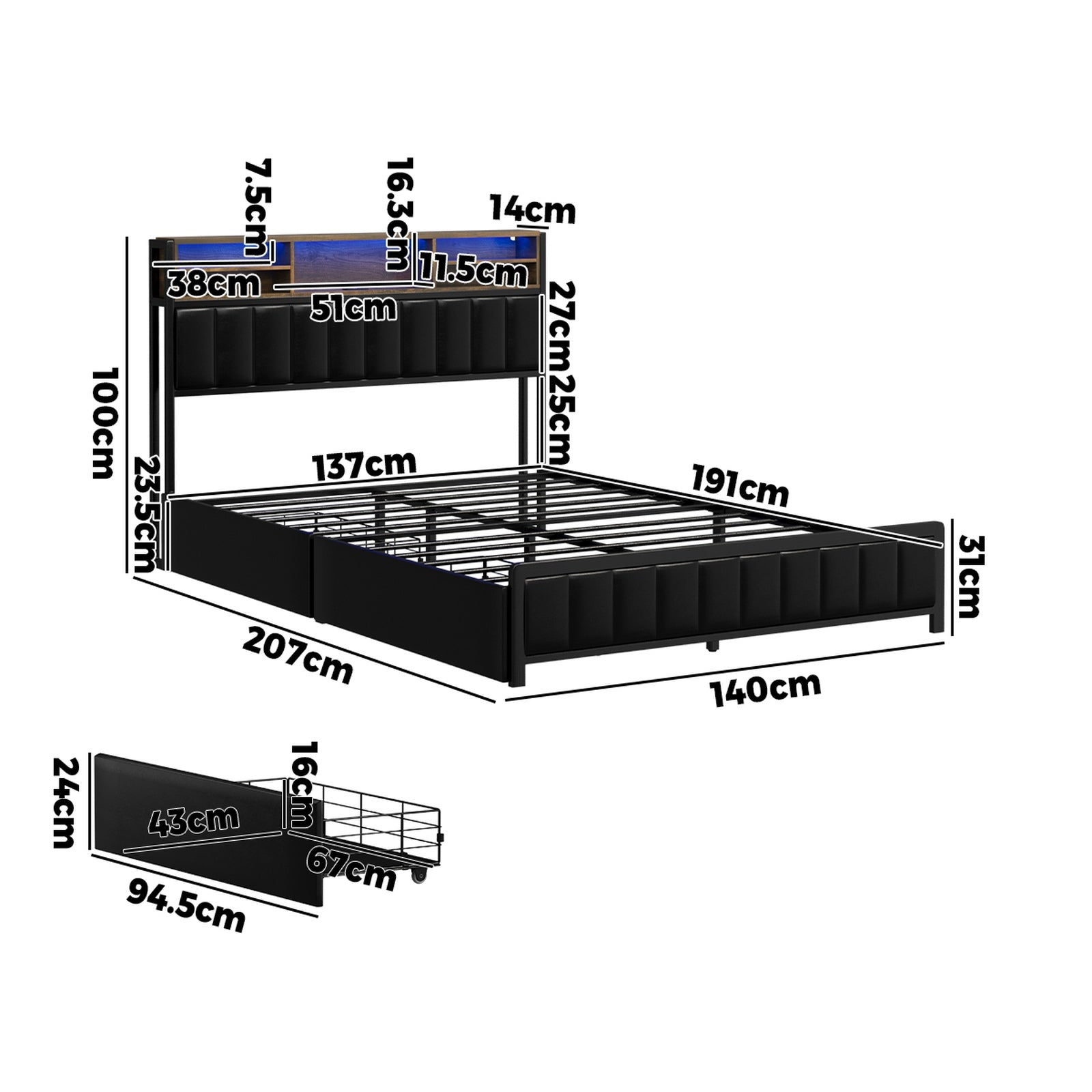 Oikiture Bed Frame Double Size LED Storage Bedhead 2 Drawers USB Charge - Sunyee