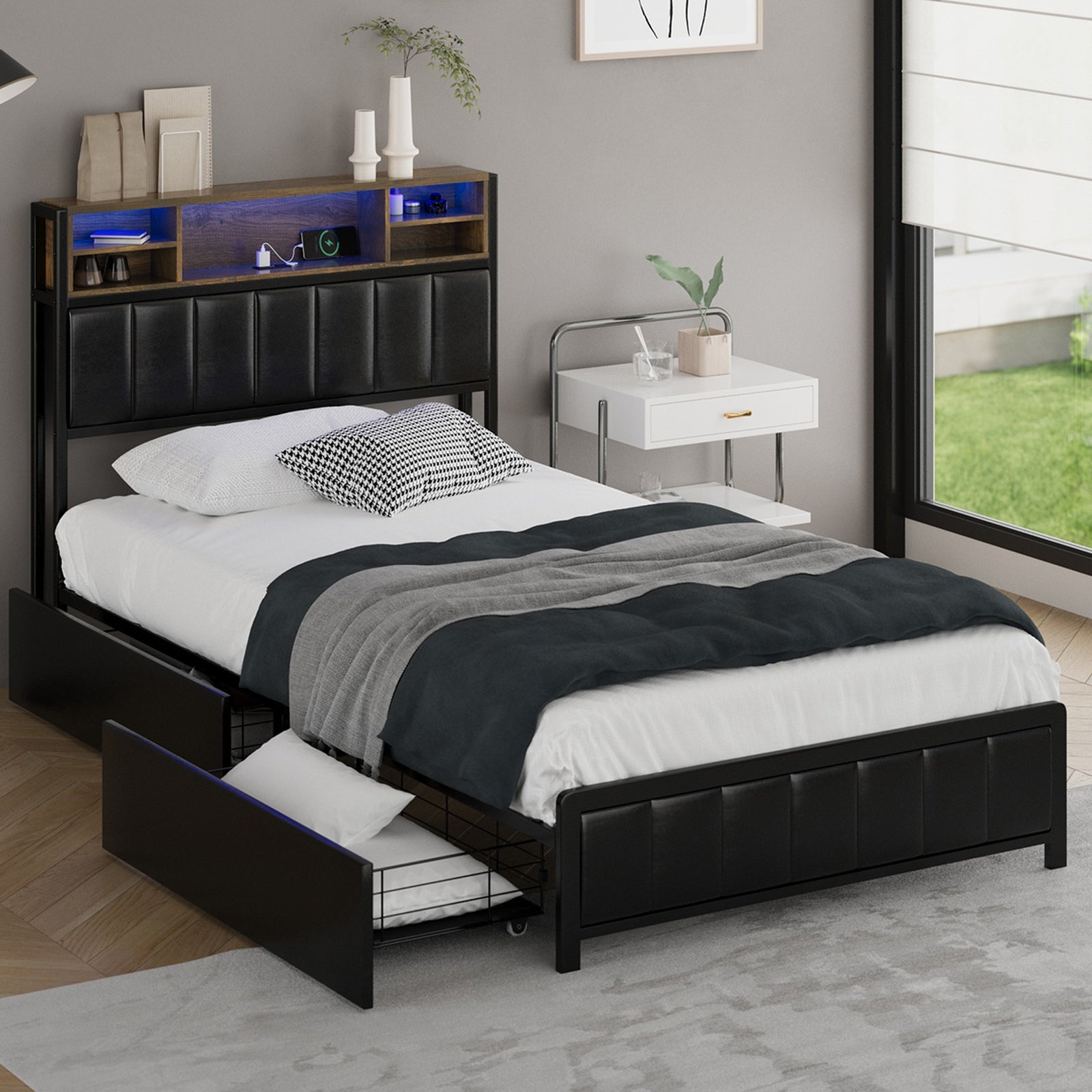 Oikiture Queen Double King Single Bed Frame with LED Headboard 2 Drawers USB - Sunyee