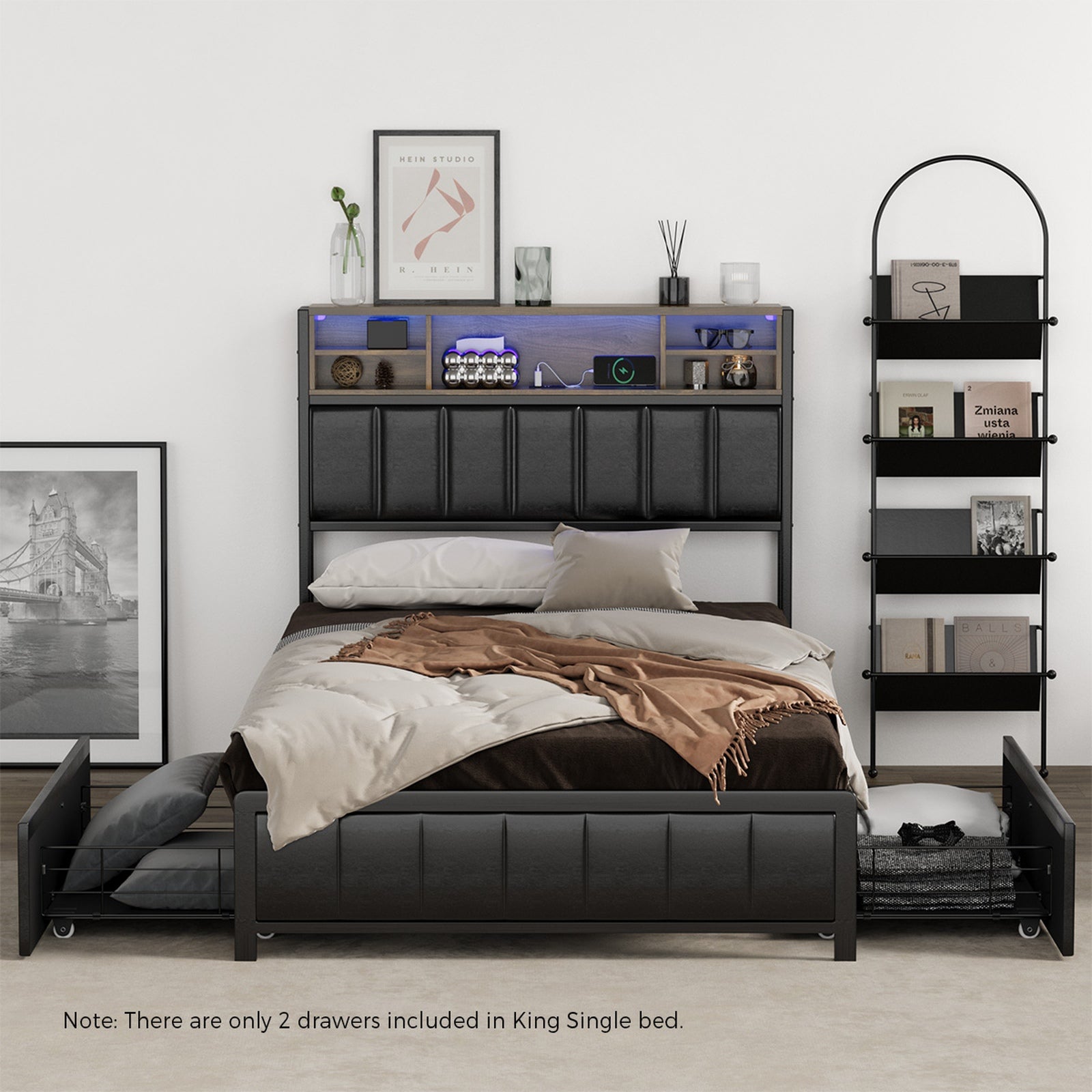 Oikiture Bed Frame King Single Size LED Storage Bedhead 2 Drawers USB Charge - Sunyee