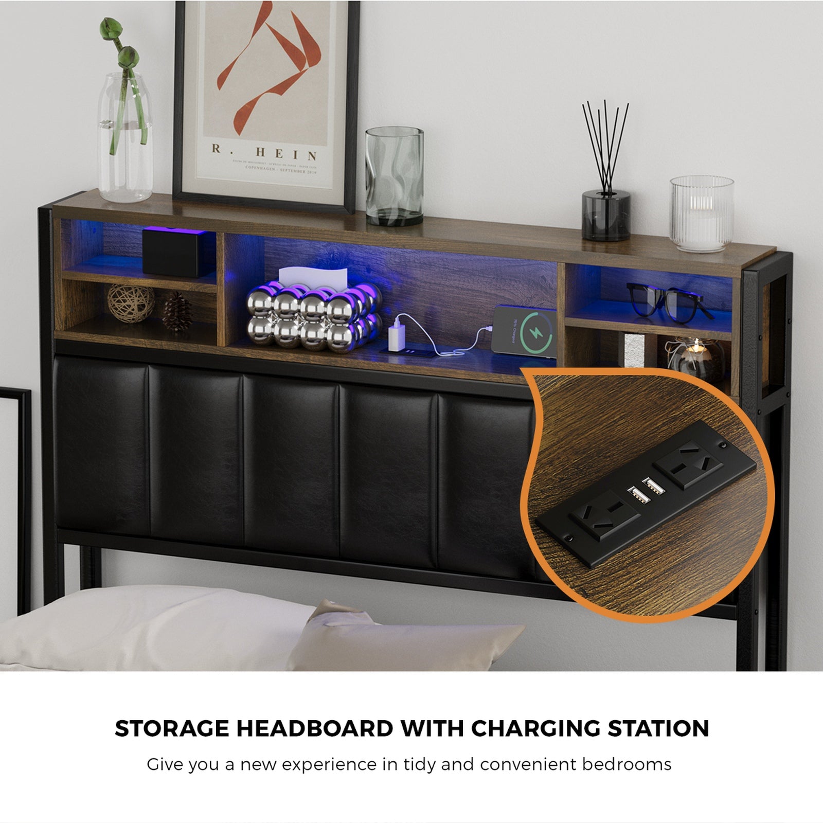 Oikiture Bed Frame King Single Size LED Storage Bedhead 2 Drawers USB Charge - Sunyee