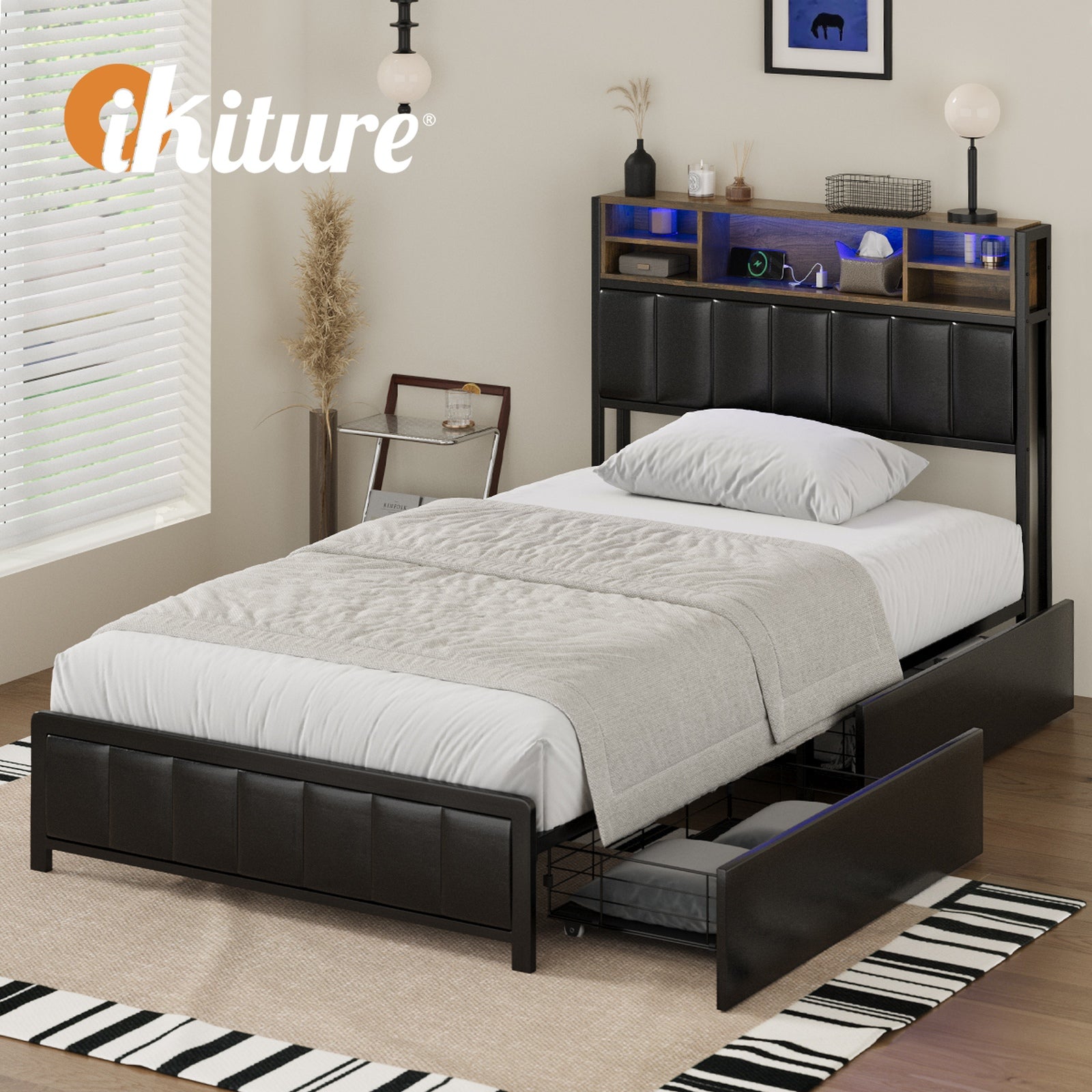 Oikiture Bed Frame King Single Size LED Storage Bedhead 2 Drawers USB Charge - Sunyee