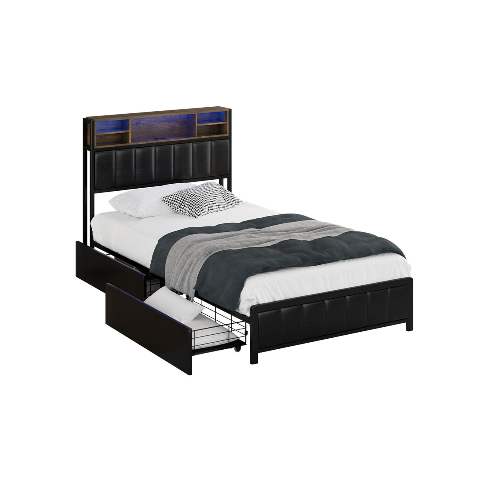 Oikiture Bed Frame King Single Size LED Storage Bedhead 2 Drawers USB Charge - Sunyee