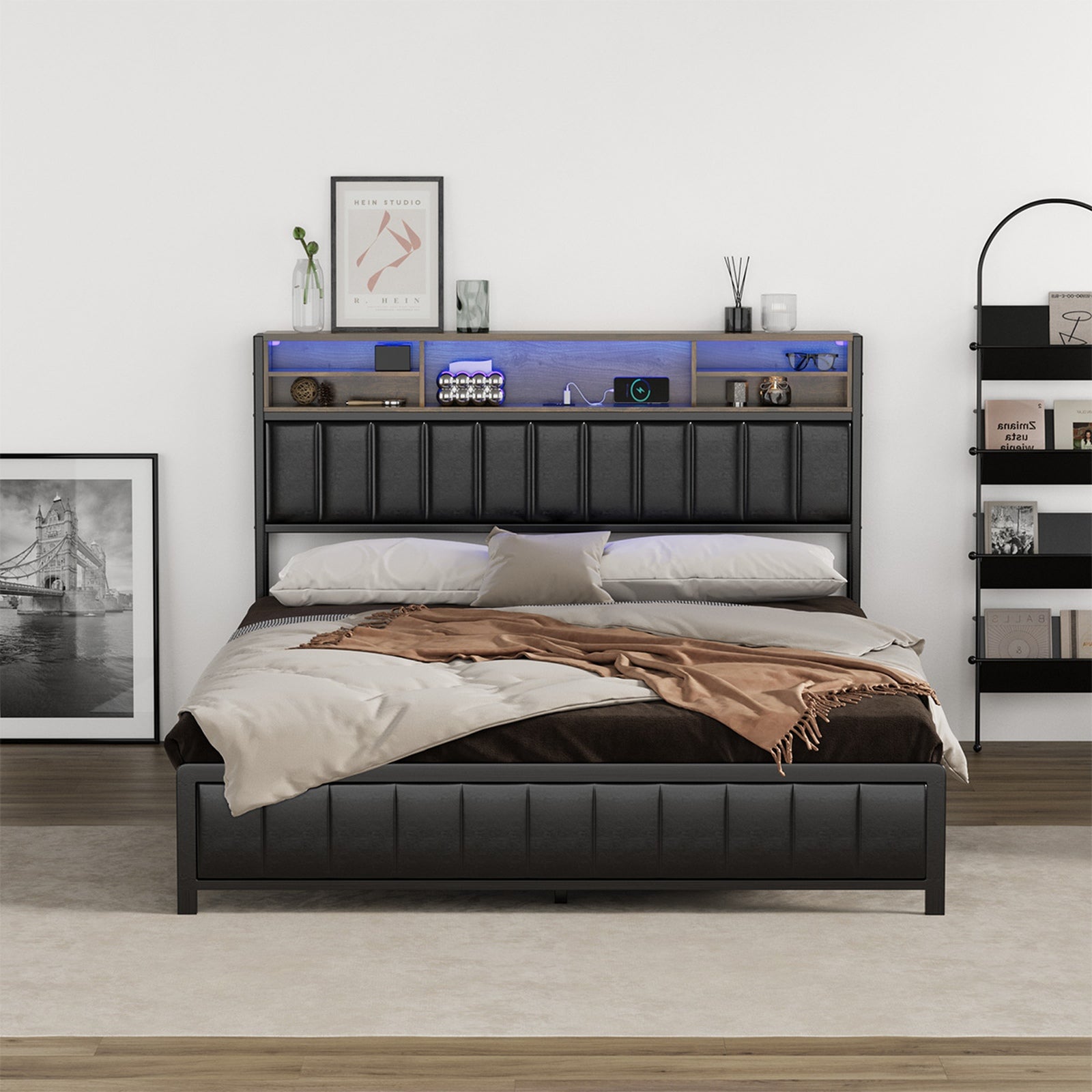 Oikiture Queen Bed Frame With LED Storage Headboard 4 Drawers USB Charge - Sunyee