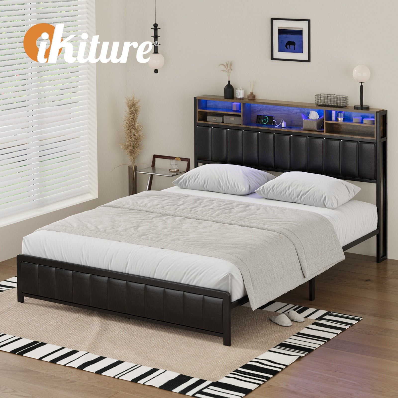 Oikiture Queen Bed Frame With LED Storage Headboard 4 Drawers USB Charge - Sunyee