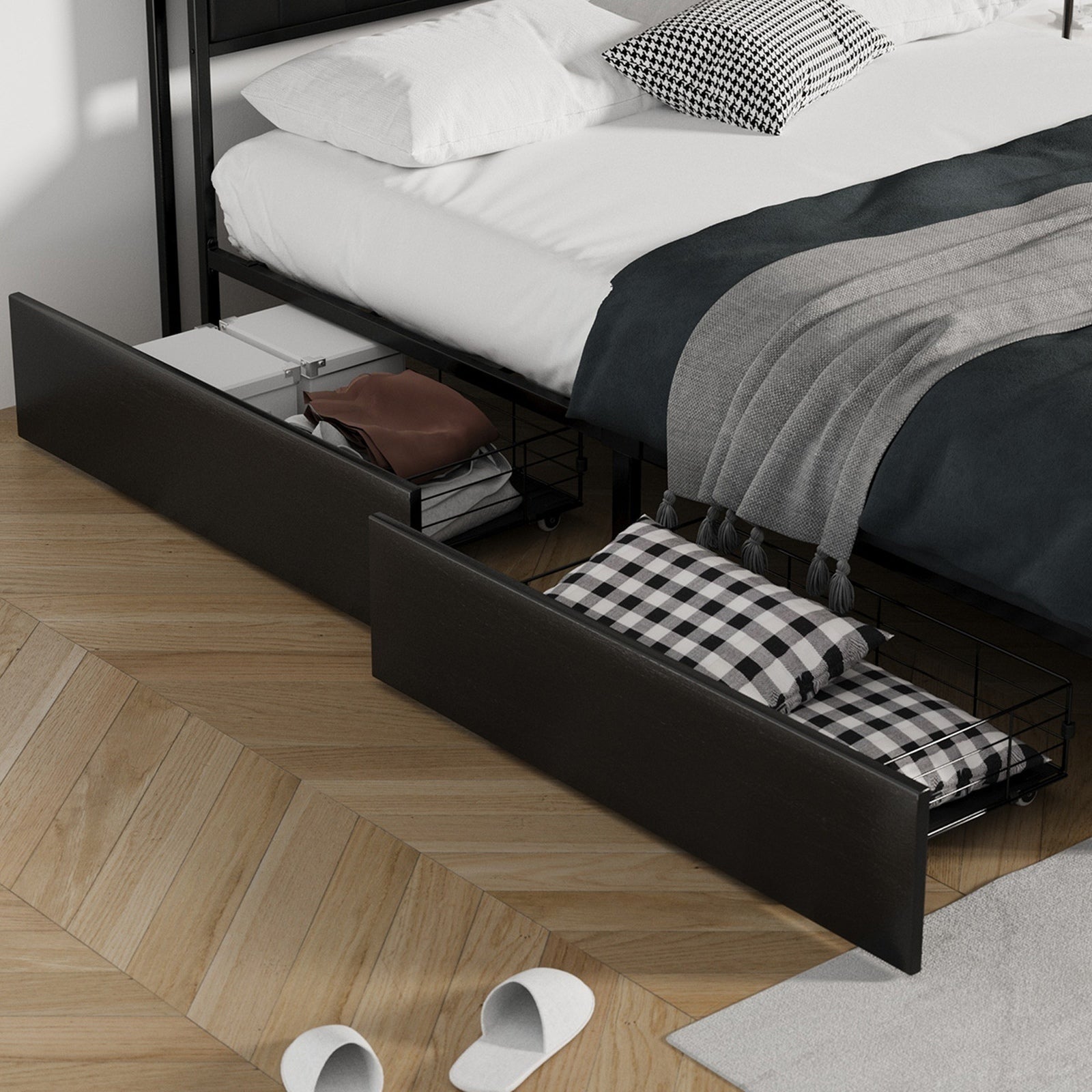 Oikiture Queen Bed Frame With LED Storage Headboard 4 Drawers USB Charge - Sunyee