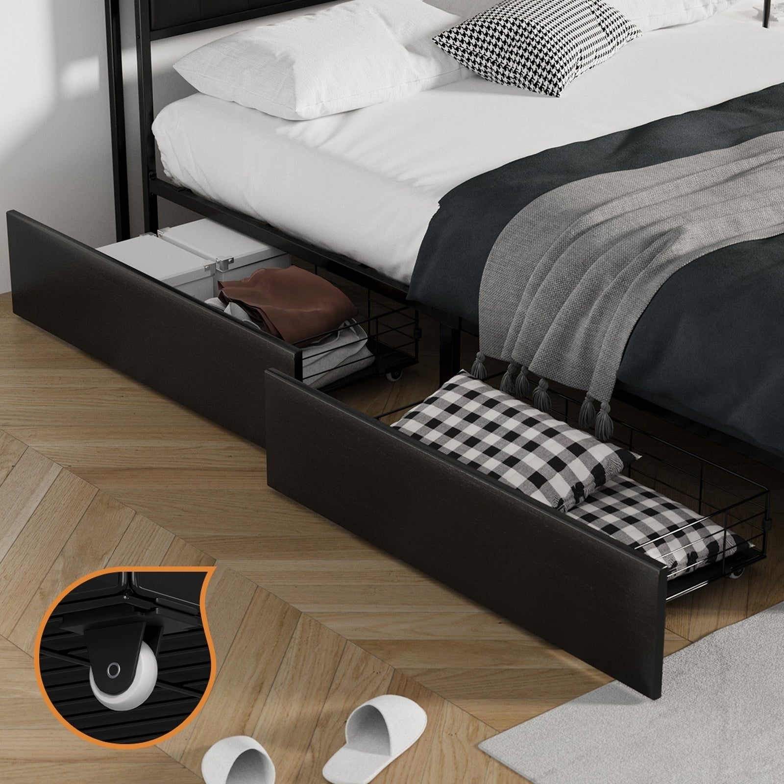 Oikiture 4x Trundle Drawers for Bed Frame Base Storage with Wheels Metal Black - Sunyee