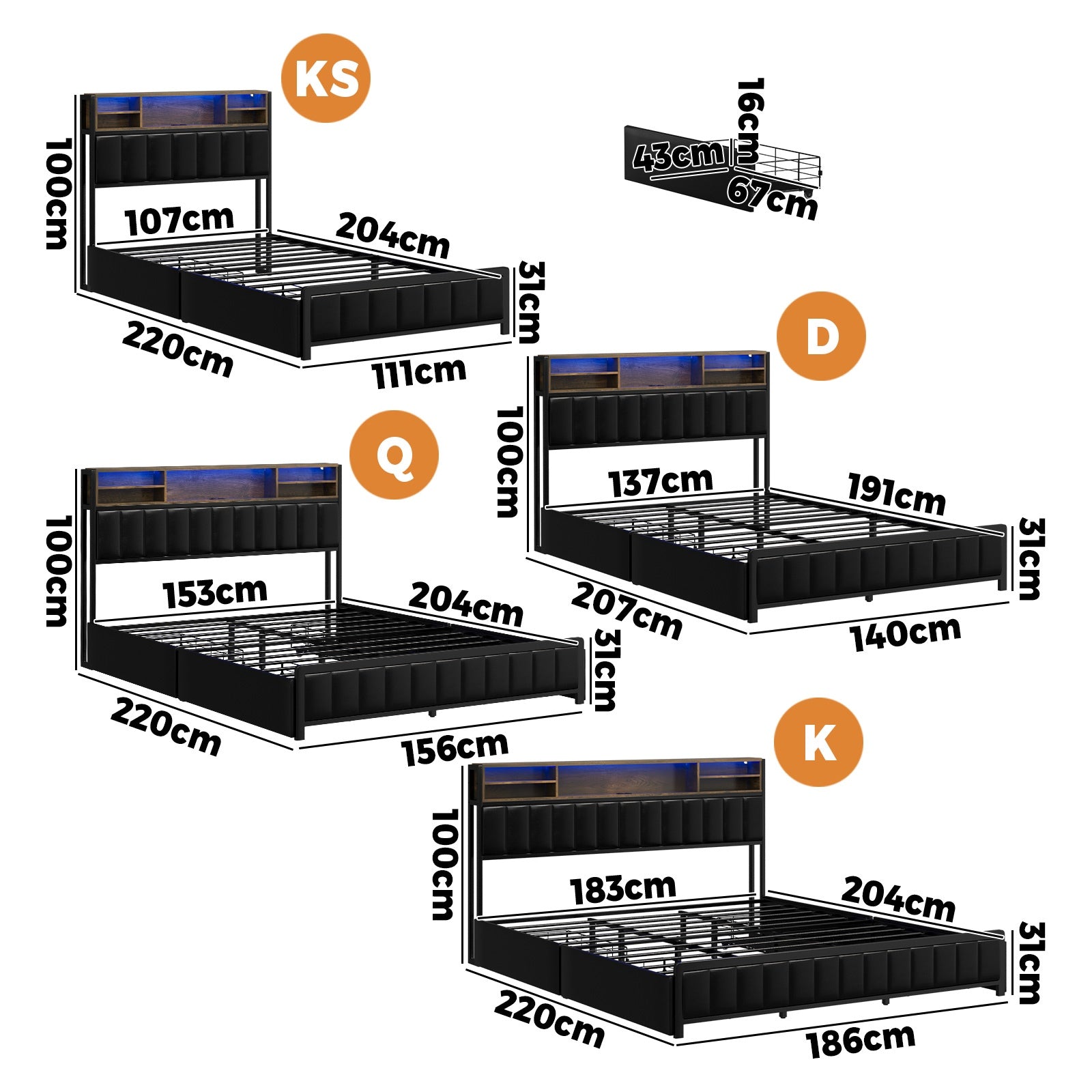 Oikiture Queen Double King Single Bed Frame with LED Headboard 2 Drawers USB - Sunyee