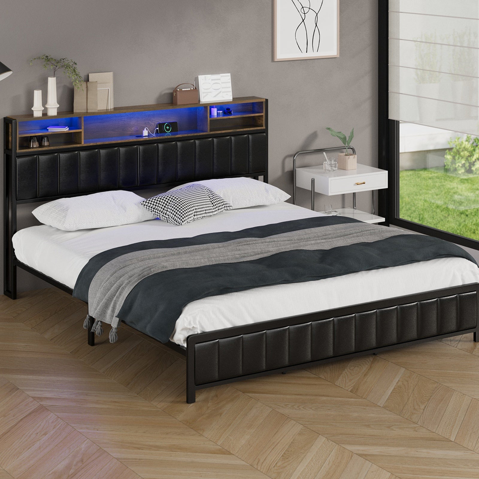 Oikiture Bed Frame King Size LED Storage Bedhead 2 Drawers USB Charge - Sunyee