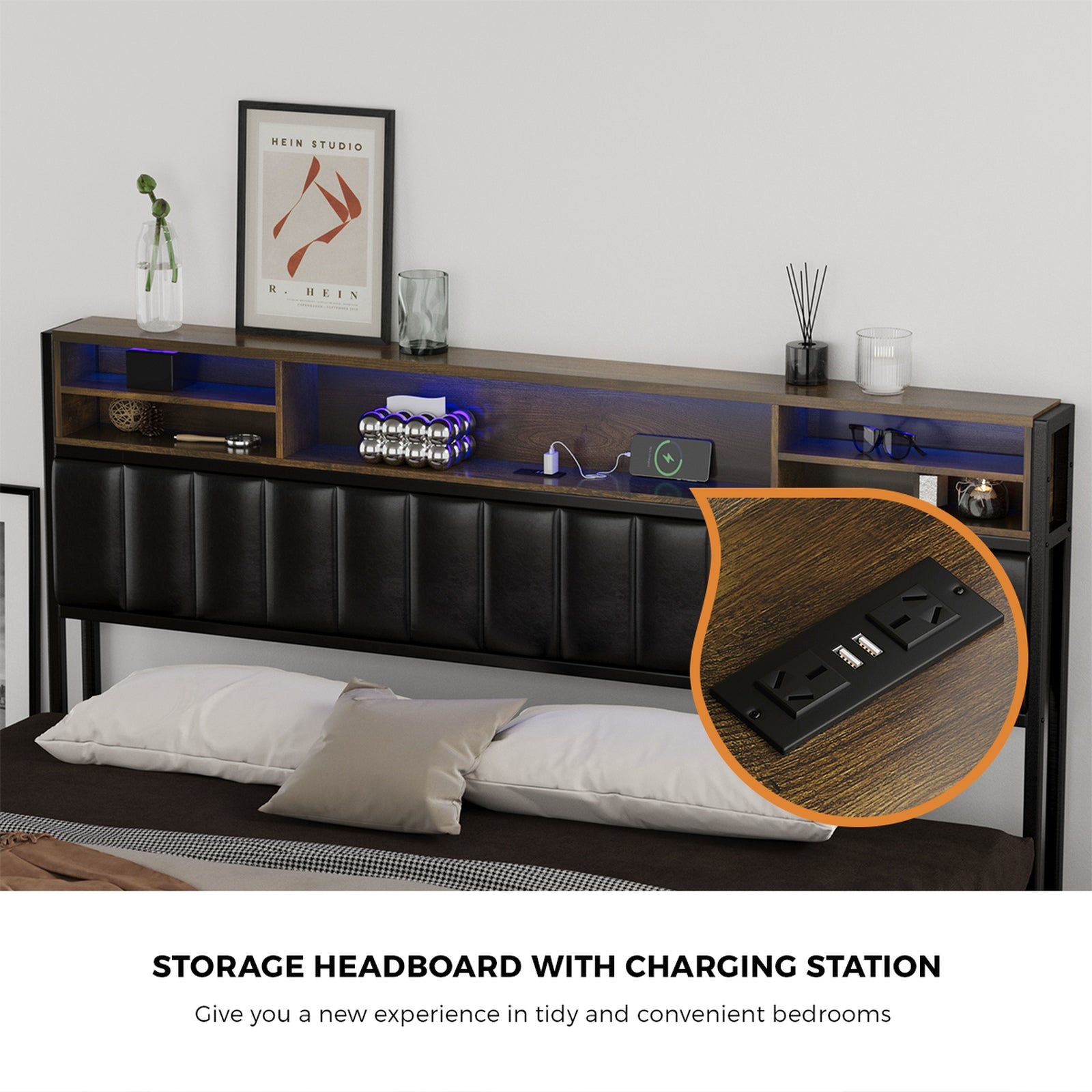 Oikiture Bed Frame King Size LED Storage Bedhead 2 Drawers USB Charge - Sunyee