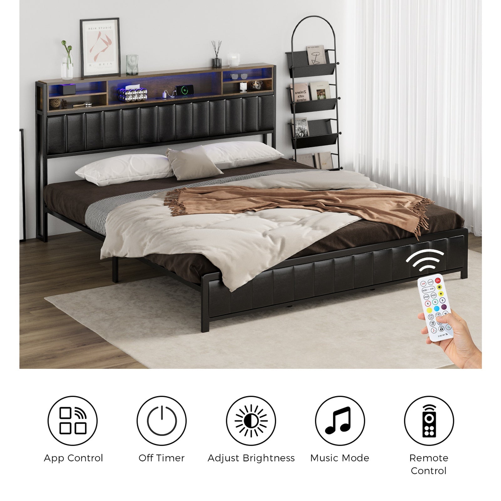 Oikiture Bed Frame King Size LED Storage Bedhead 2 Drawers USB Charge - Sunyee