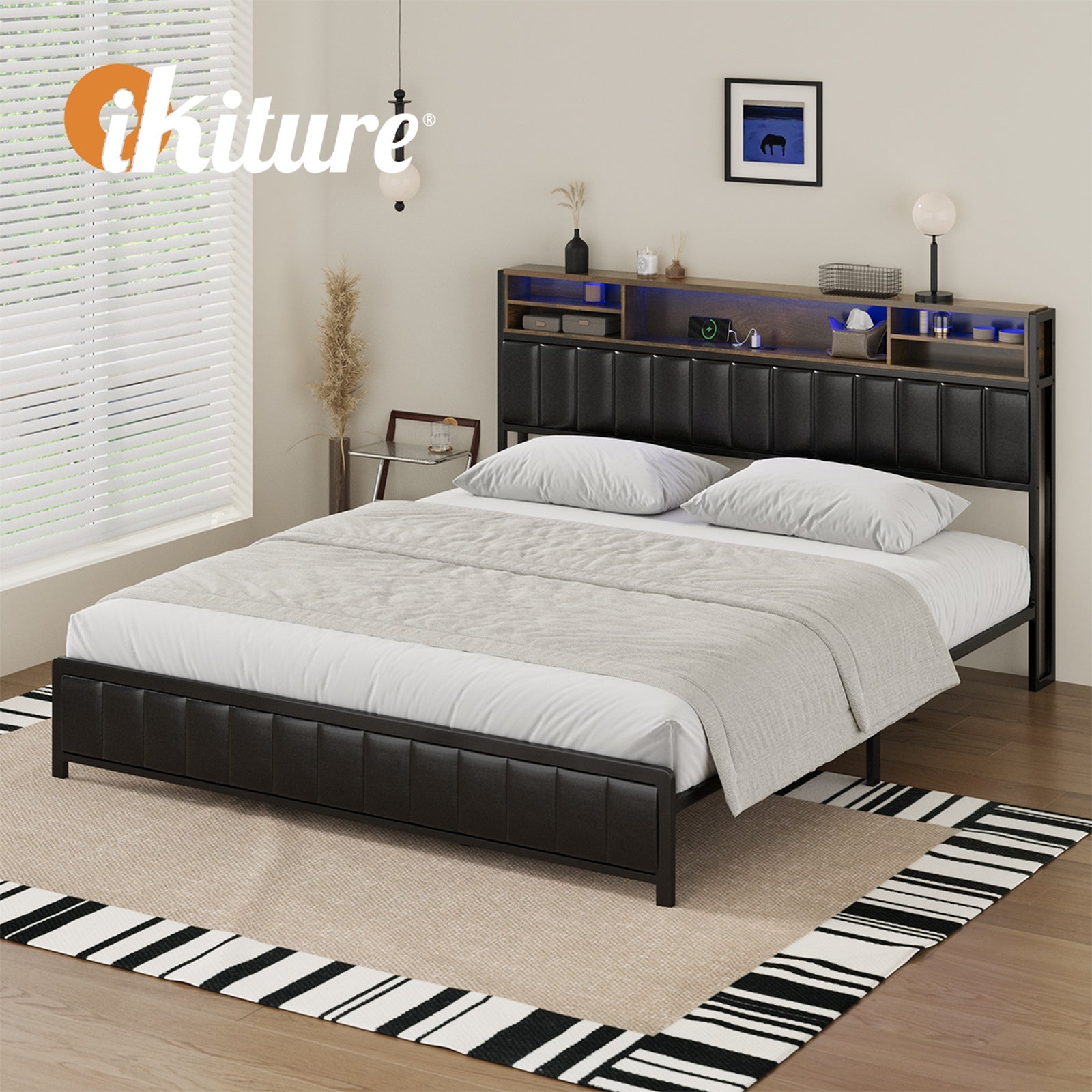 Oikiture Bed Frame King Size LED Storage Bedhead 2 Drawers USB Charge - Sunyee