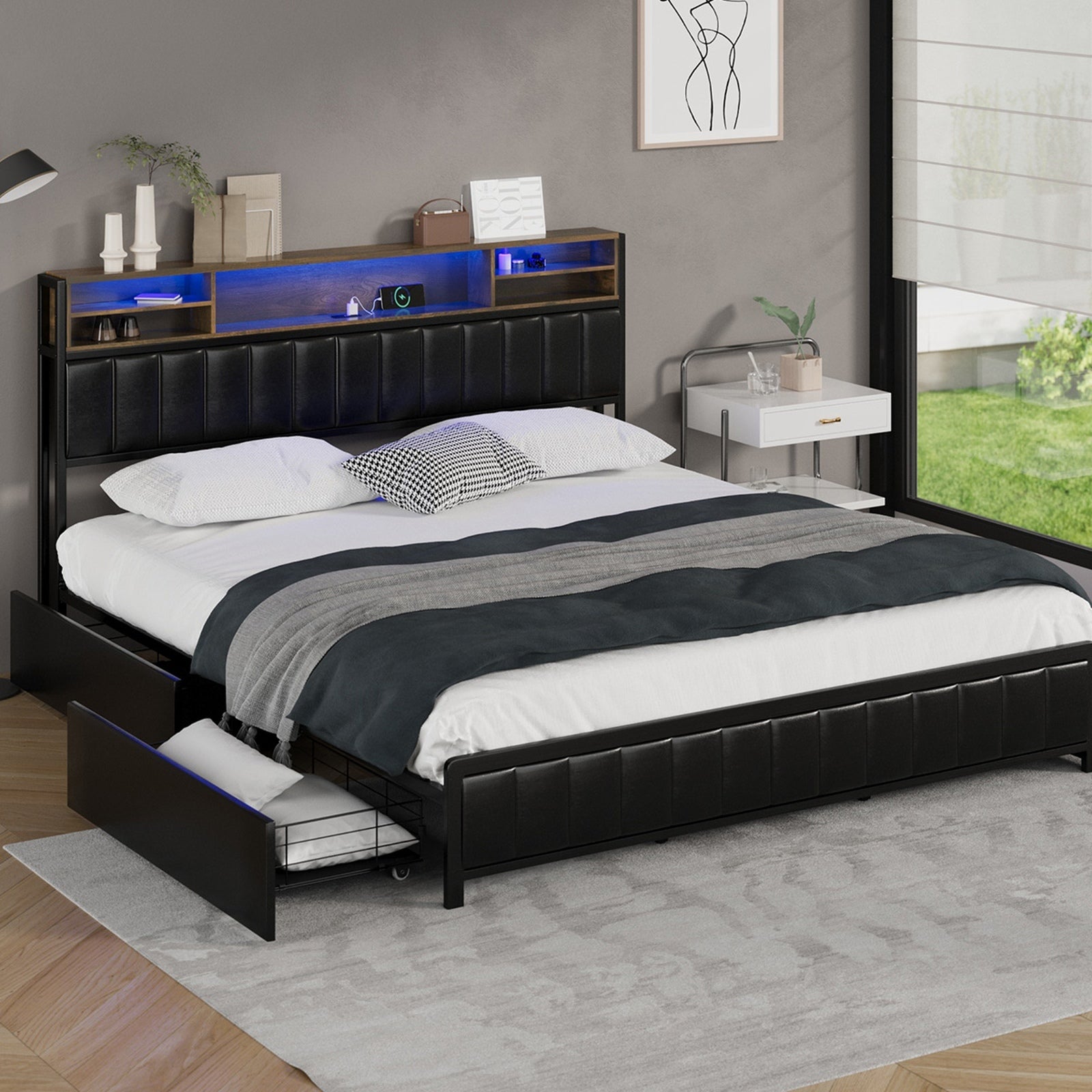 Oikiture Queen Double King Single Bed Frame with LED Headboard 2 Drawers USB - Sunyee