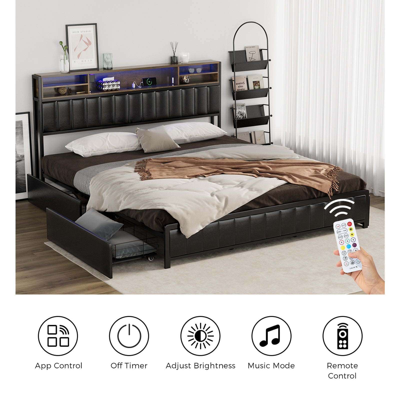 Oikiture Bed Frame King Size with LED Storage Bedhead 4 Drawers USB Charge - Sunyee