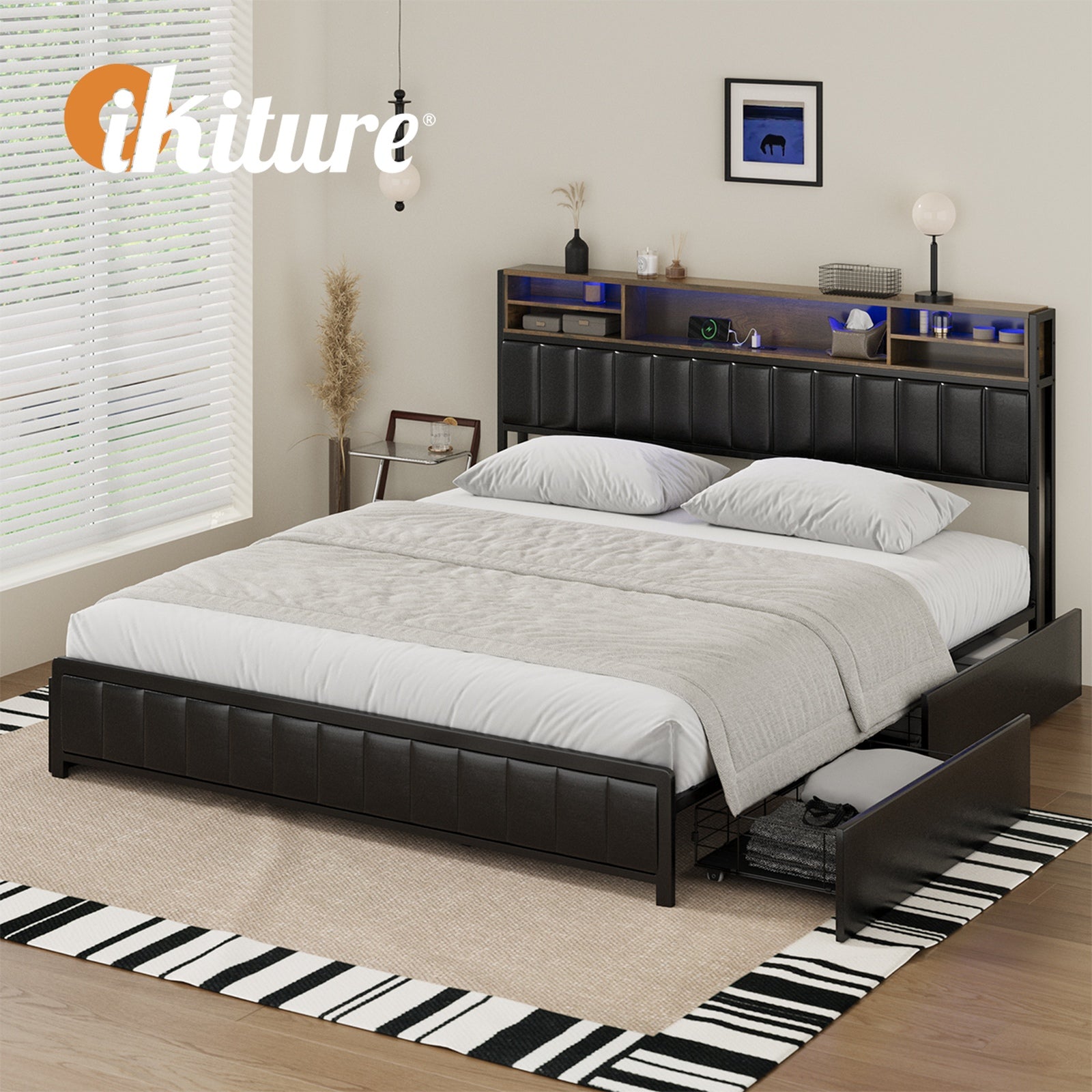 Oikiture Bed Frame King Size with LED Storage Bedhead 4 Drawers USB Charge - Sunyee