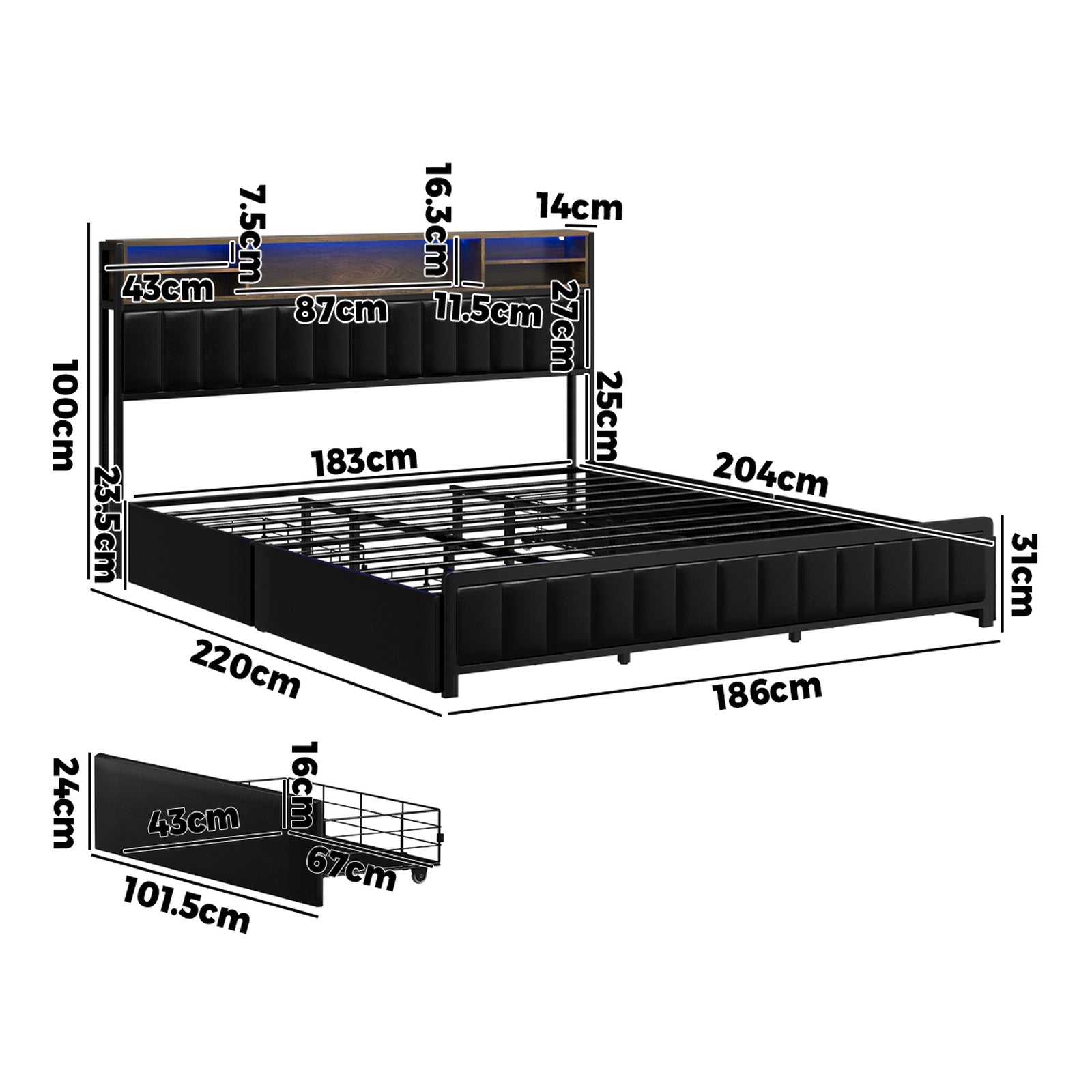 Oikiture Bed Frame King Size with LED Storage Bedhead 4 Drawers USB Charge - Sunyee